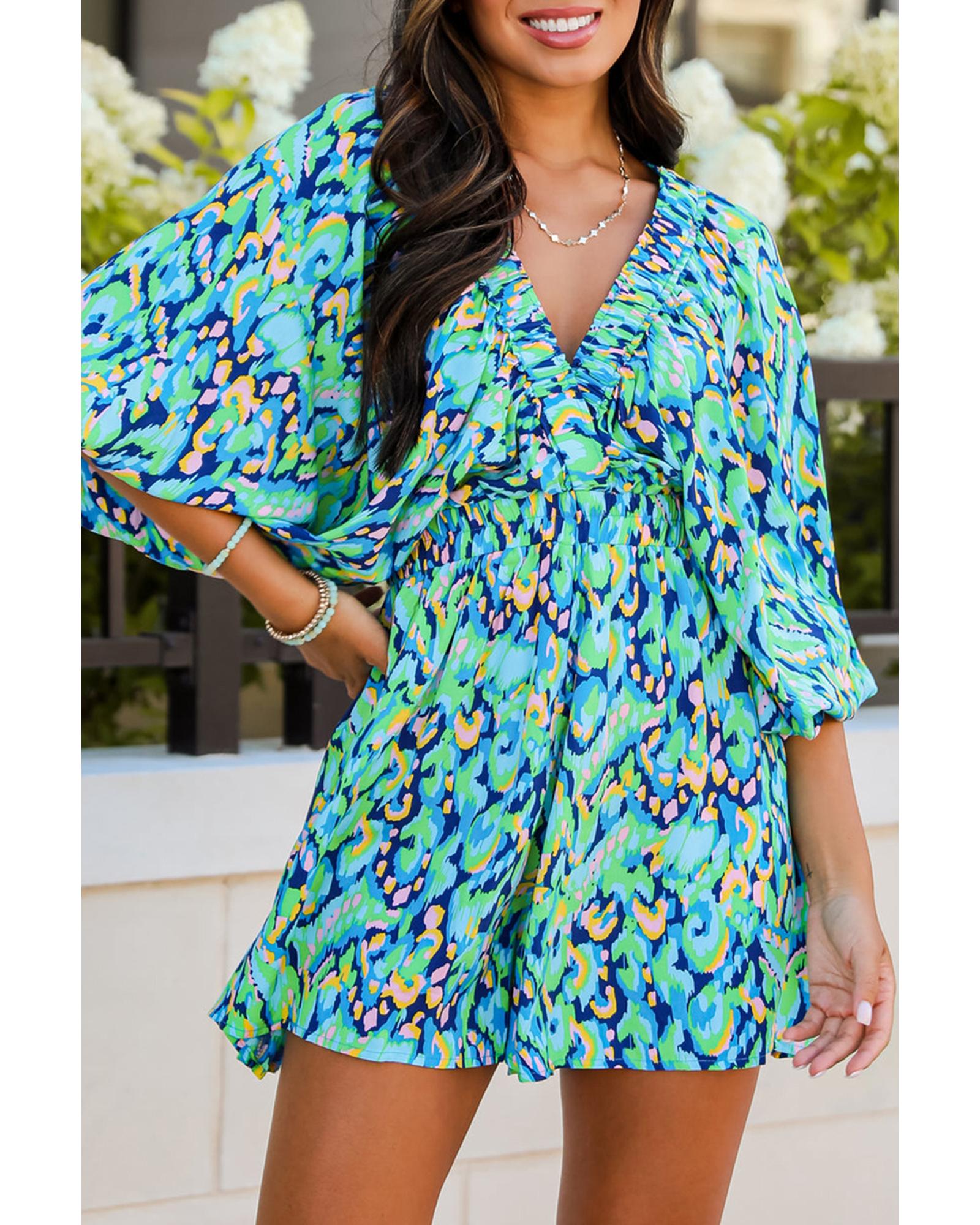 Green Abstract Print Puff Sleeve V Neck High Waist Romper - L