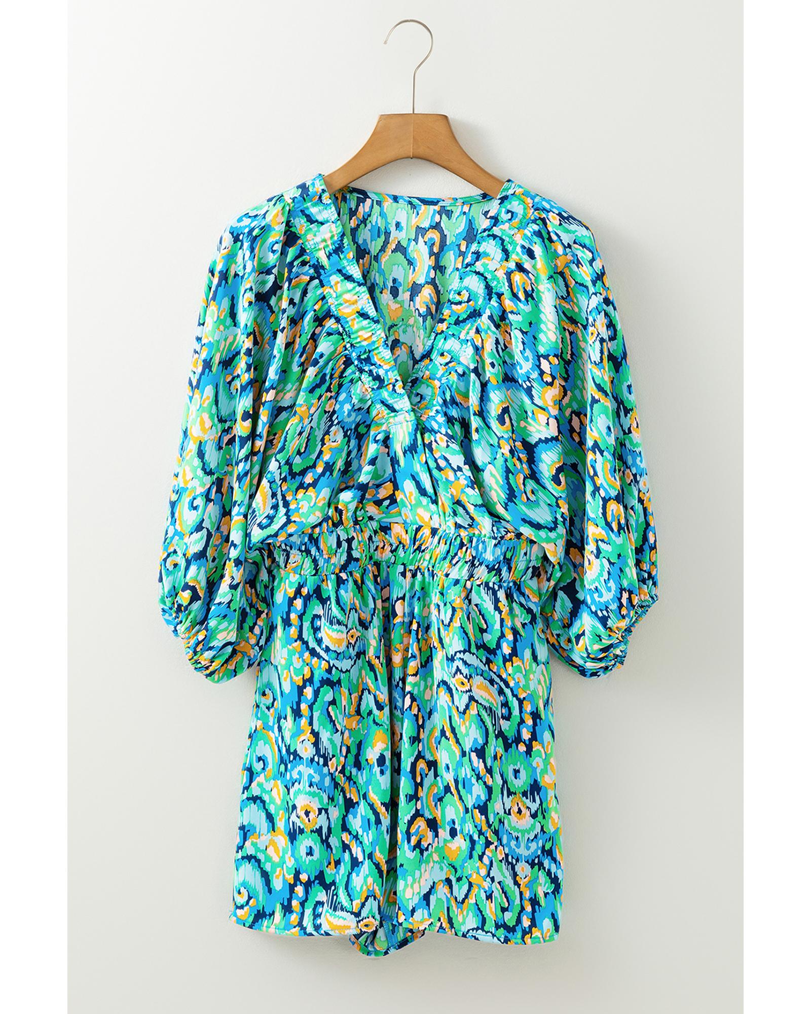Green Abstract Print Puff Sleeve V Neck High Waist Romper - L