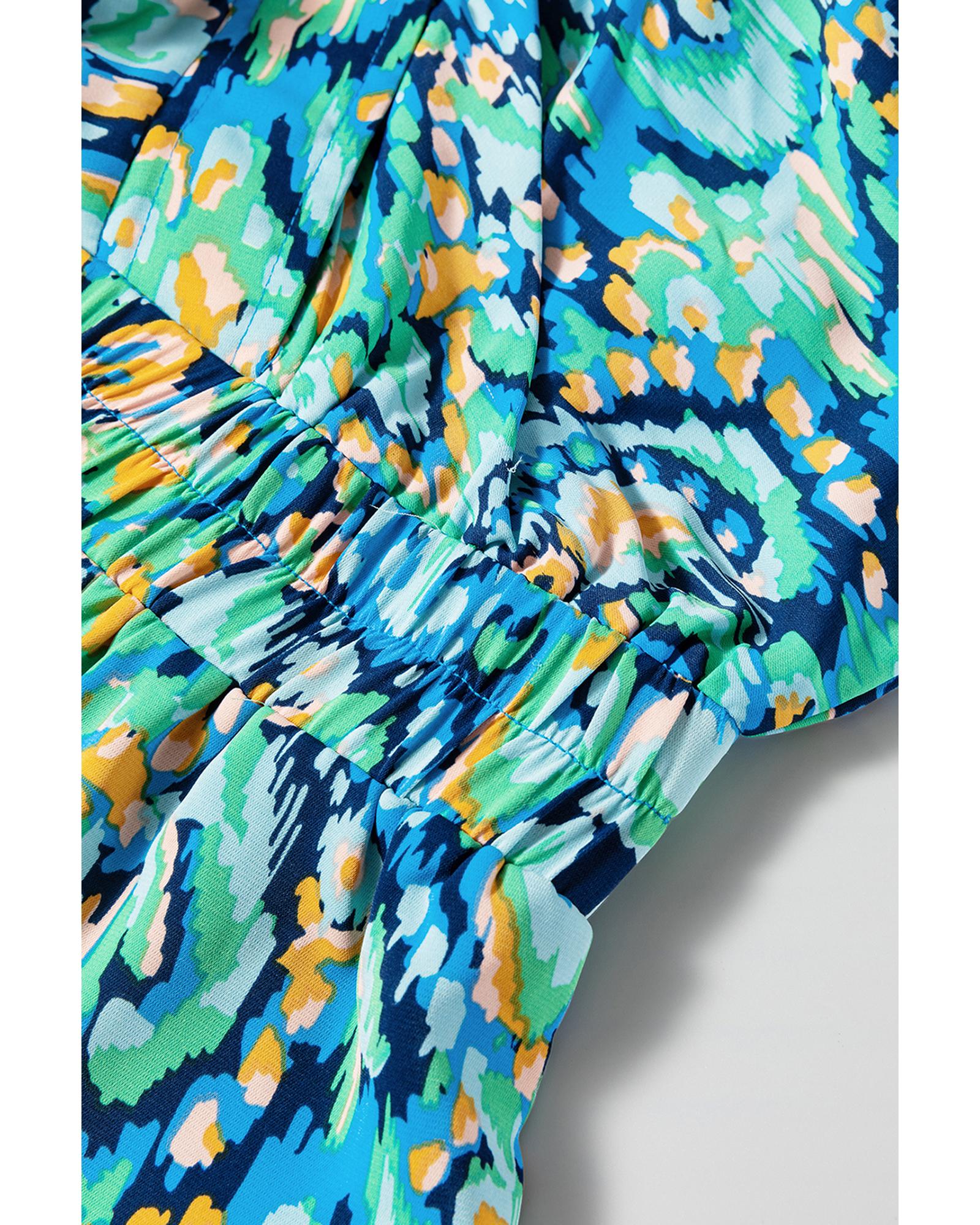 Green Abstract Print Puff Sleeve V Neck High Waist Romper - L