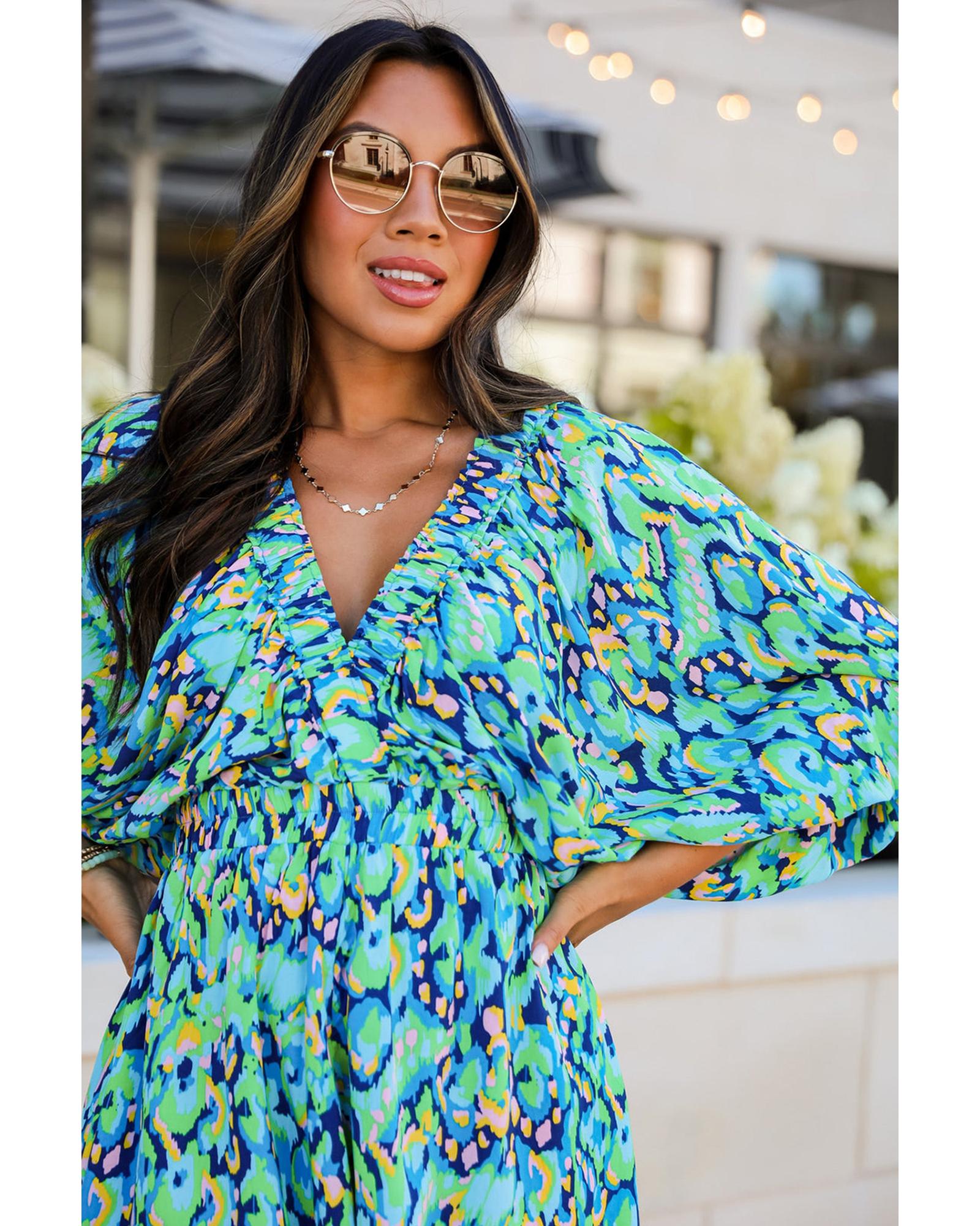 Green Abstract Print Puff Sleeve V Neck High Waist Romper - L