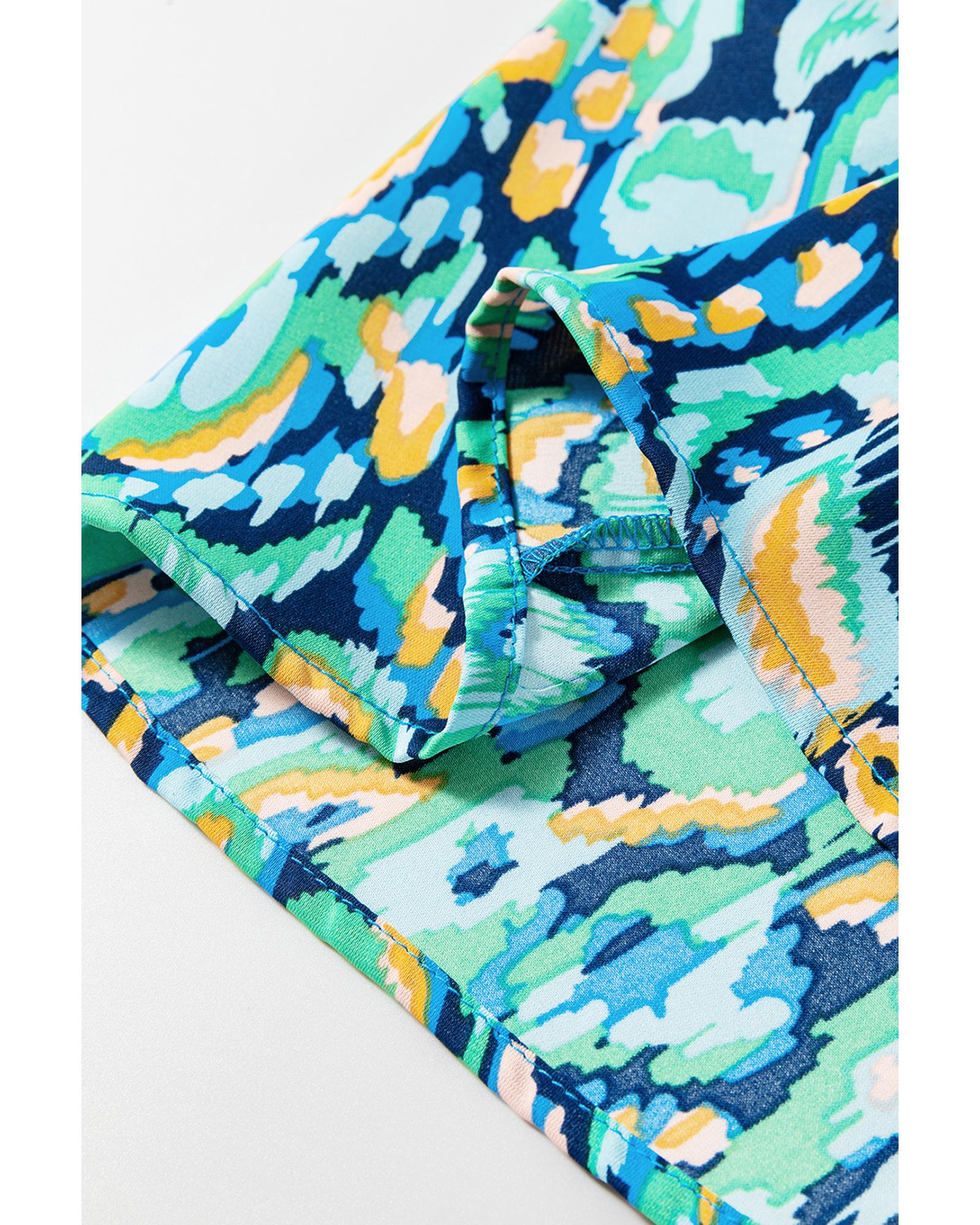 Green Abstract Print Puff Sleeve V Neck High Waist Romper - L