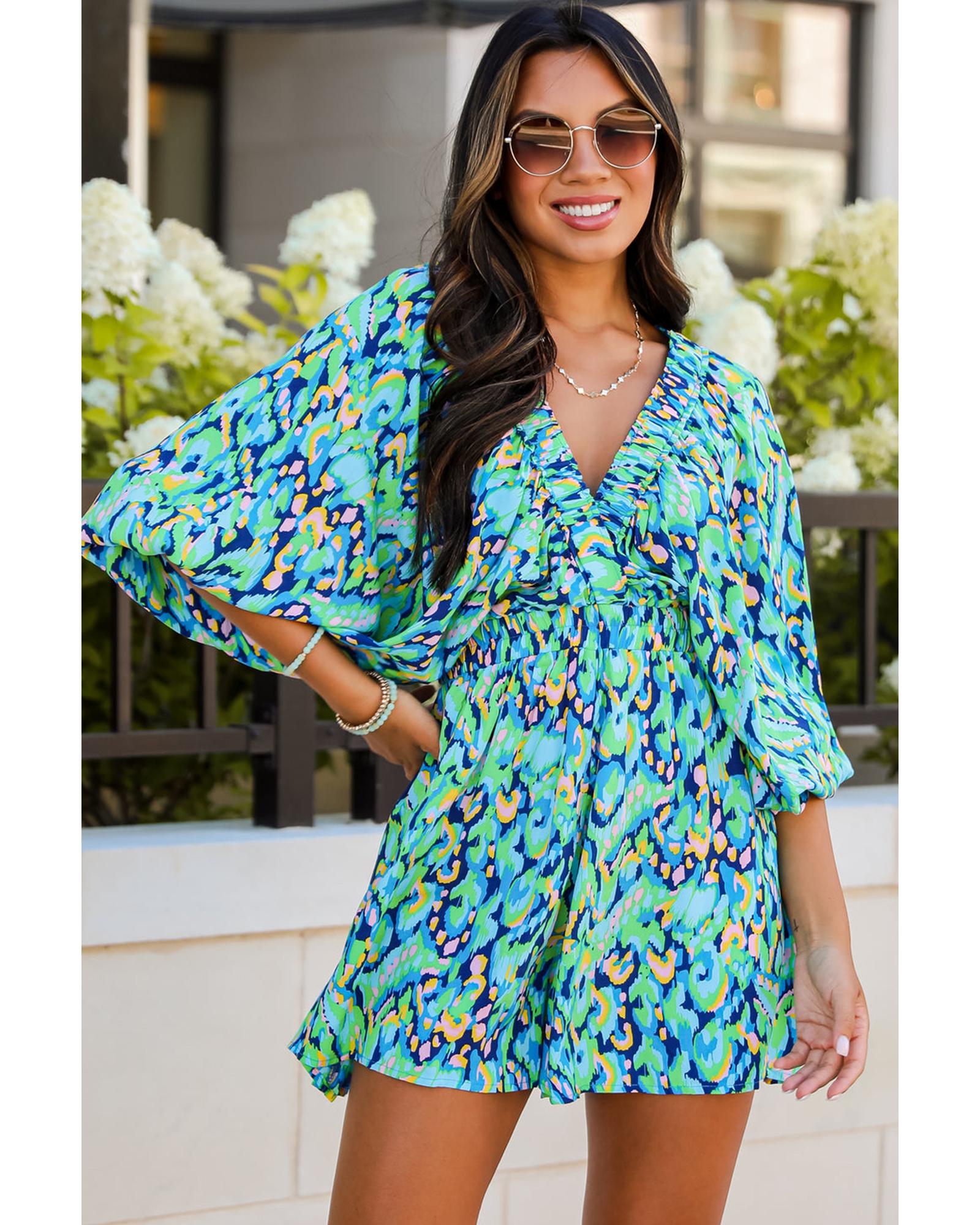 Green Abstract Print Puff Sleeve V Neck High Waist Romper - L