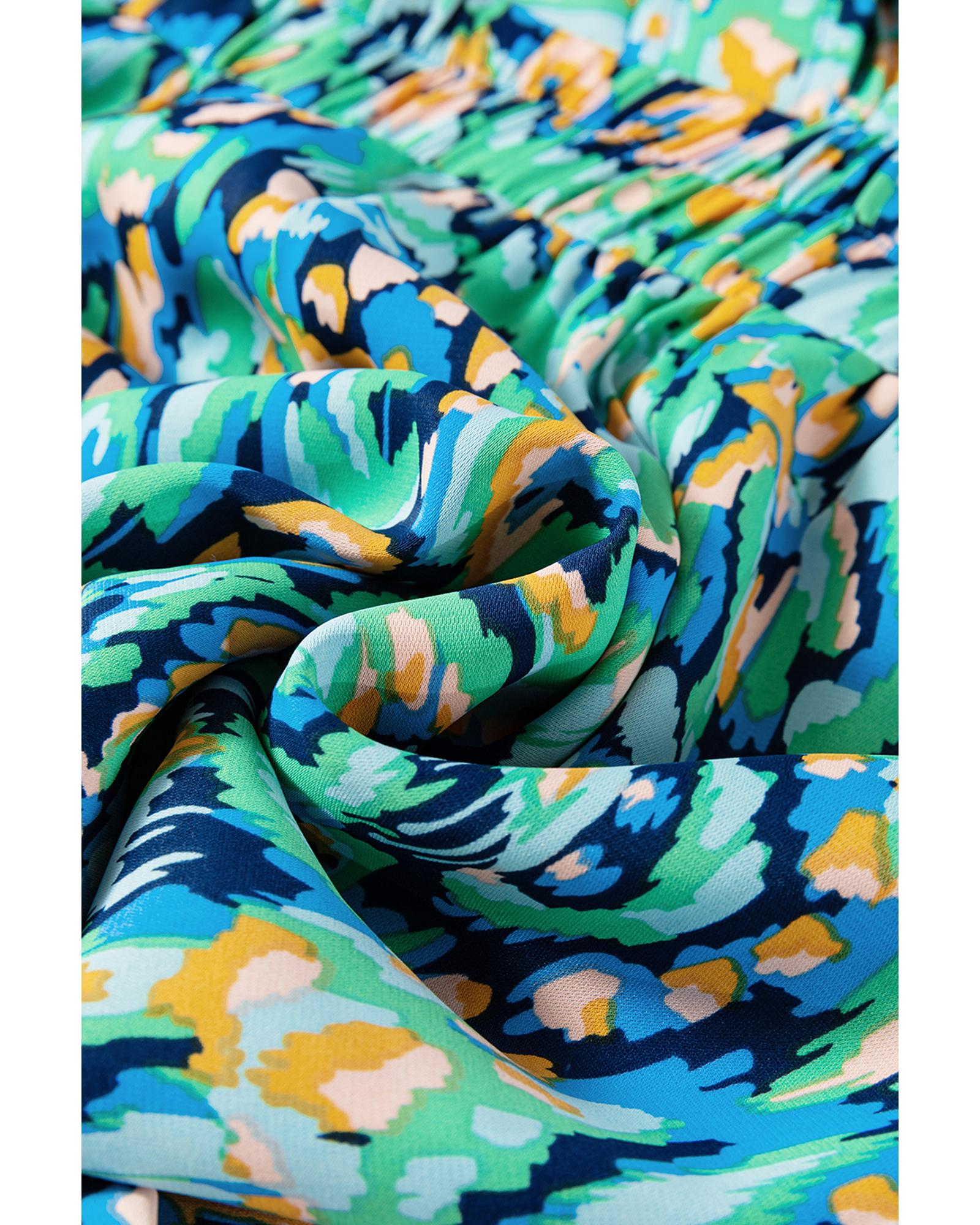 Green Abstract Print Puff Sleeve V Neck High Waist Romper - M
