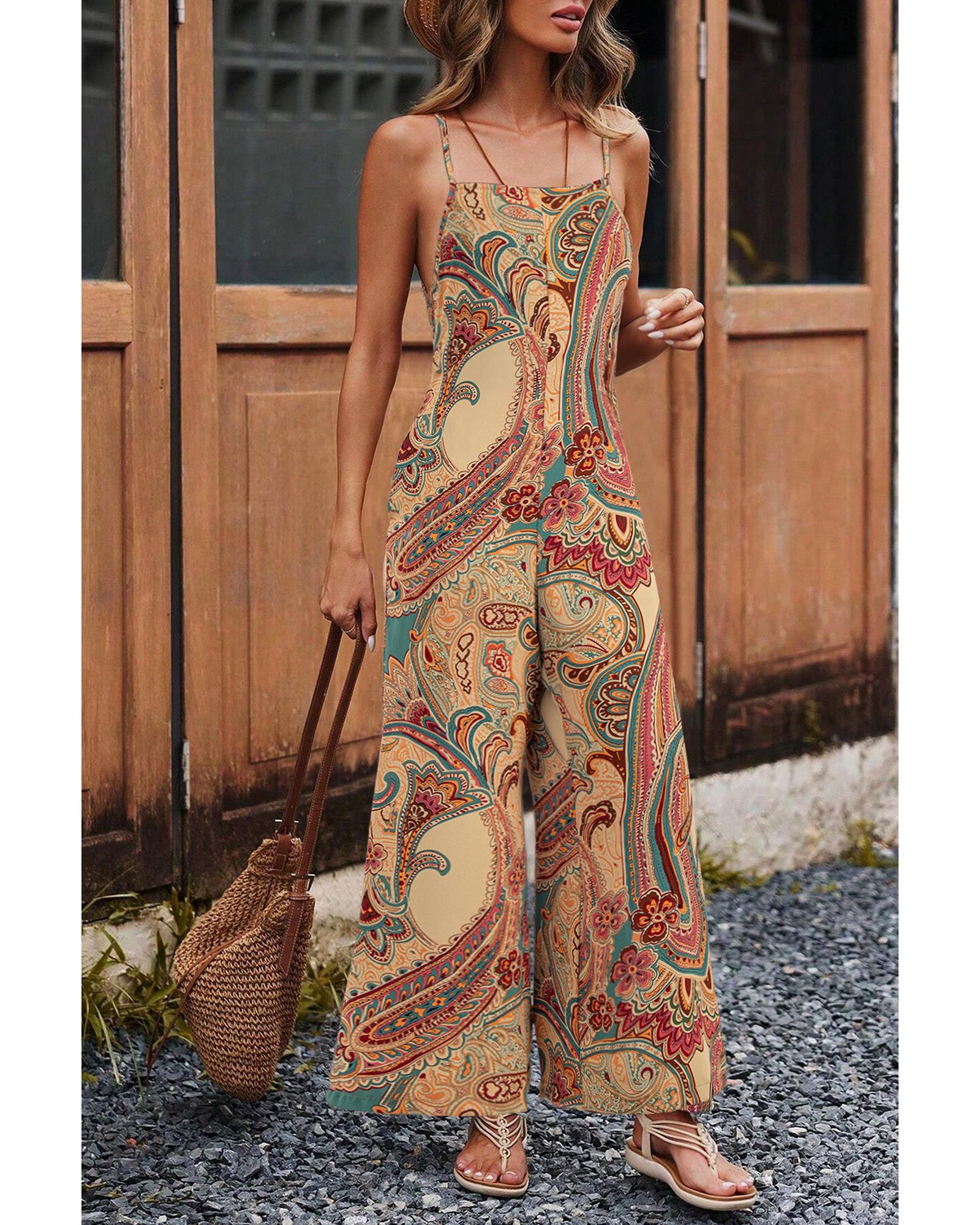Red Paisley Printed Spaghetti Straps Elegant Wide Leg Jumpsuit - M