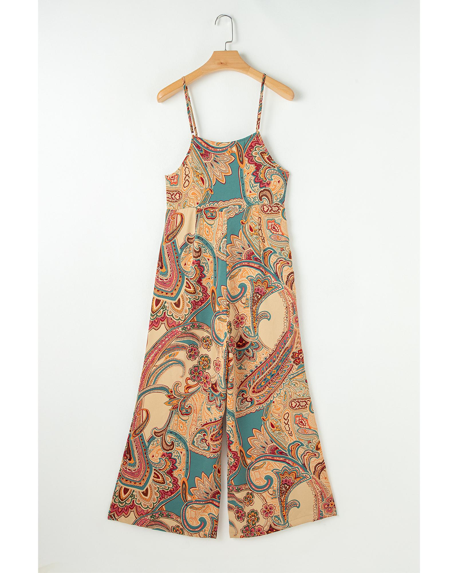 Red Paisley Printed Spaghetti Straps Elegant Wide Leg Jumpsuit - M