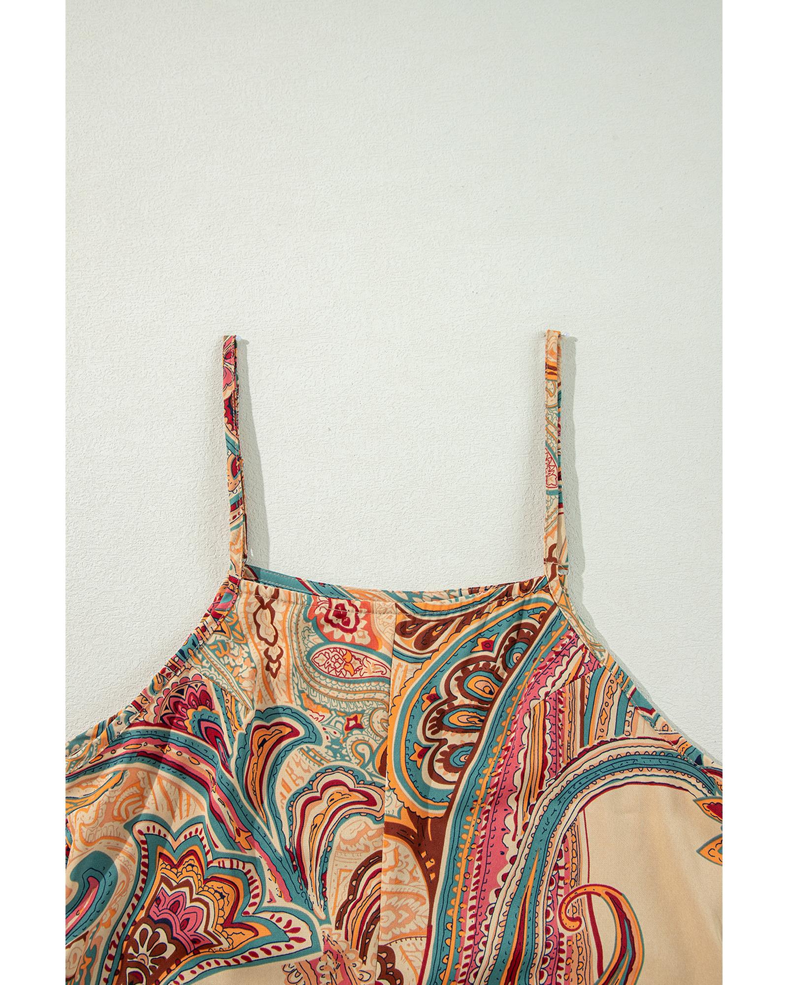 Red Paisley Printed Spaghetti Straps Elegant Wide Leg Jumpsuit - M