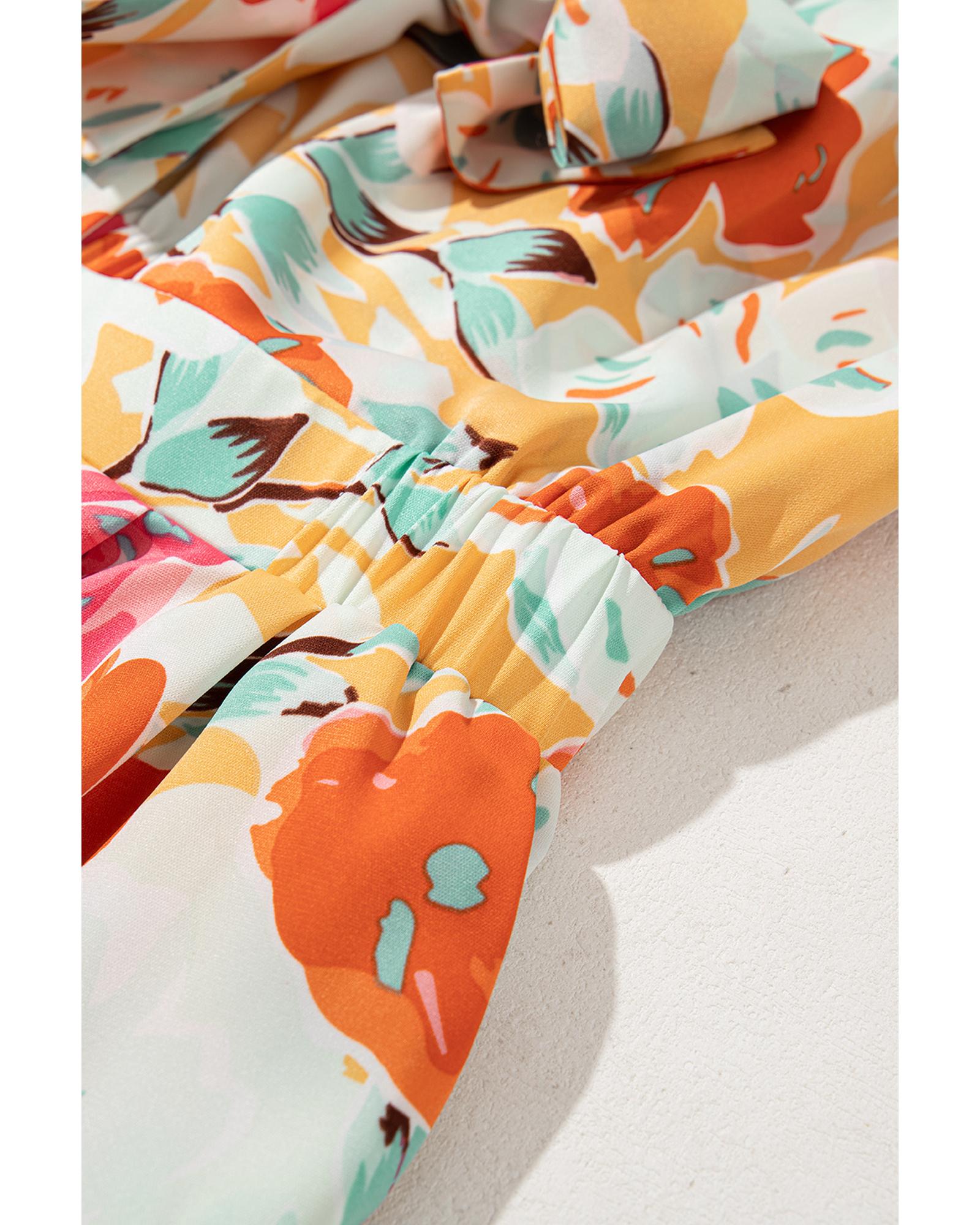 Orange Blooming Floral Print Front Tie Romper - L
