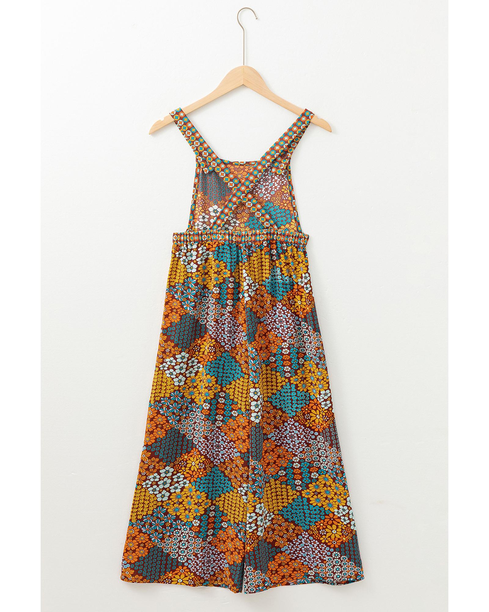 Multicolour Boho Floral Print Crossed Straps Ankle-length Jumpsuit - M