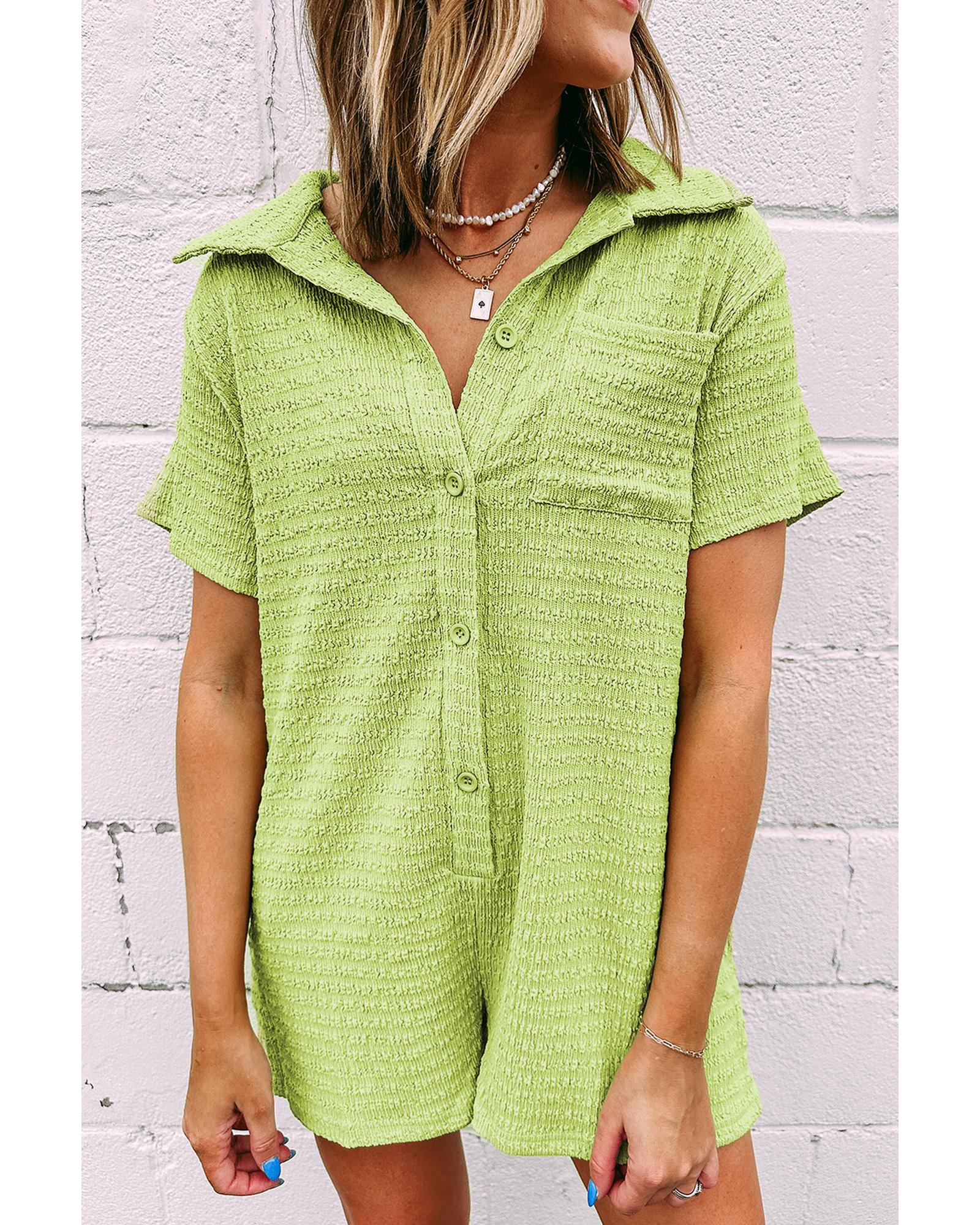 Meadow Mist Green Textured Short Sleeve Patched Pocket Buttoned Shirt Romper - M