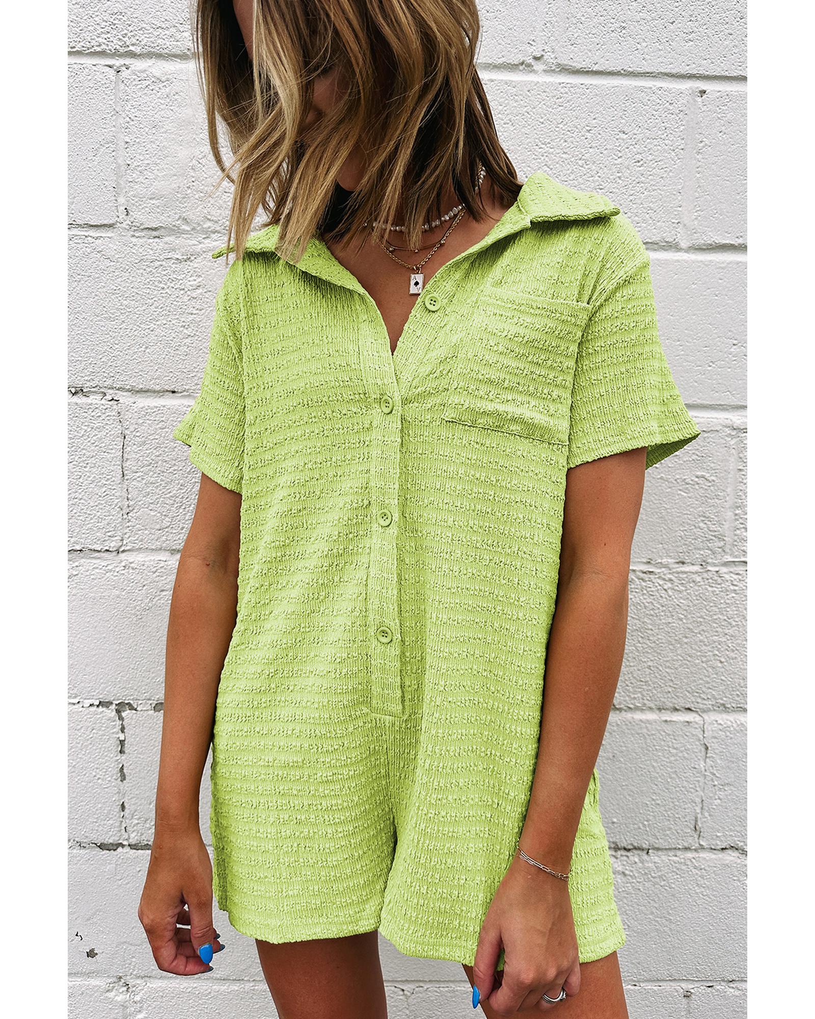 Meadow Mist Green Textured Short Sleeve Patched Pocket Buttoned Shirt Romper - M