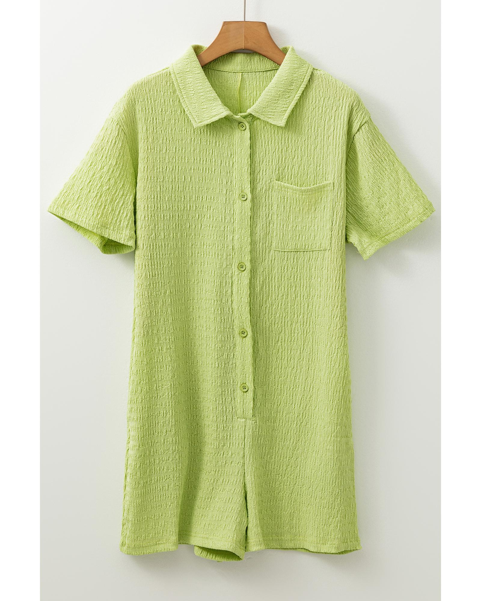 Meadow Mist Green Textured Short Sleeve Patched Pocket Buttoned Shirt Romper - S