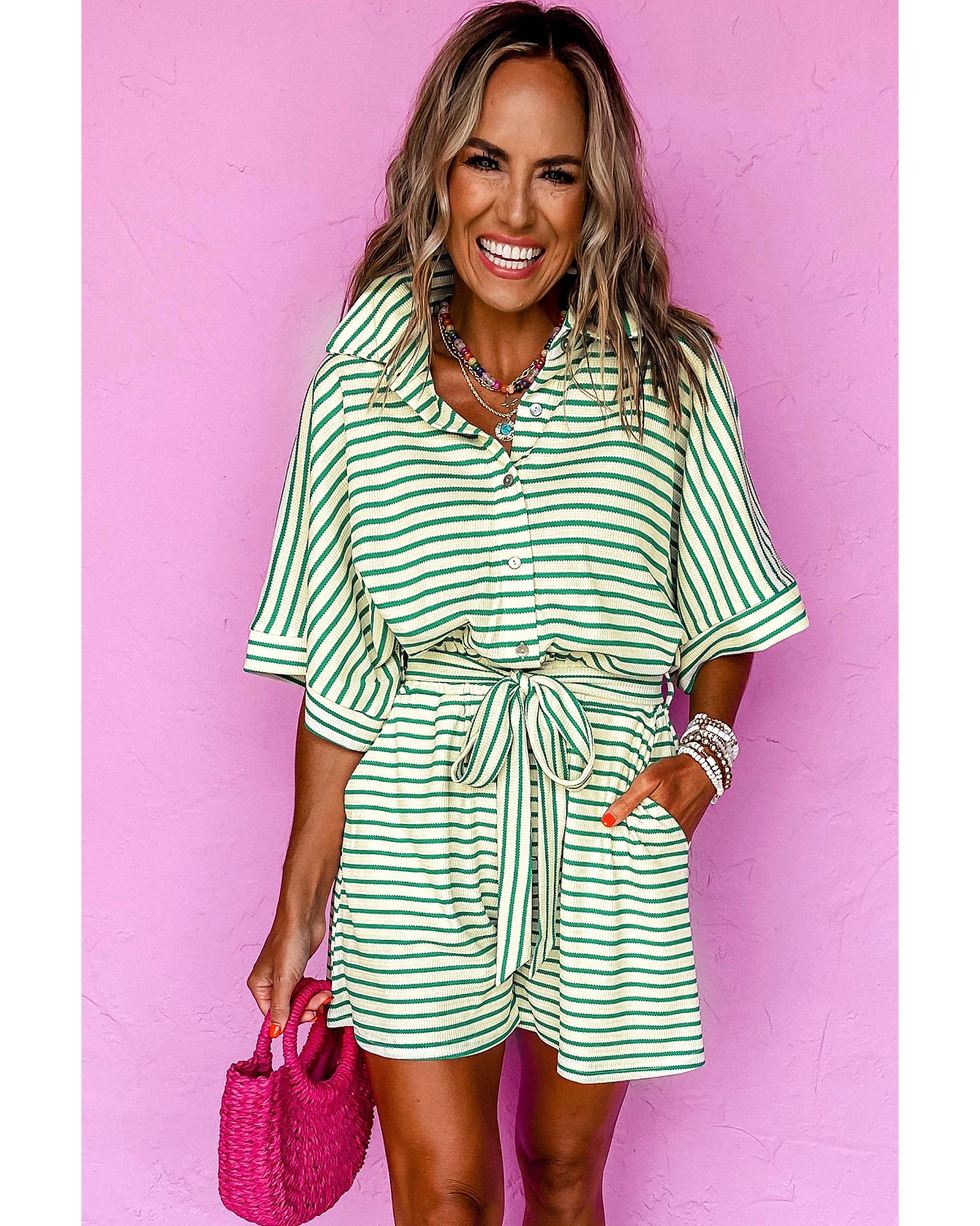 Green Stripe Textured Short Sleeve Collared Buttoned Waist Tie Romper - XL