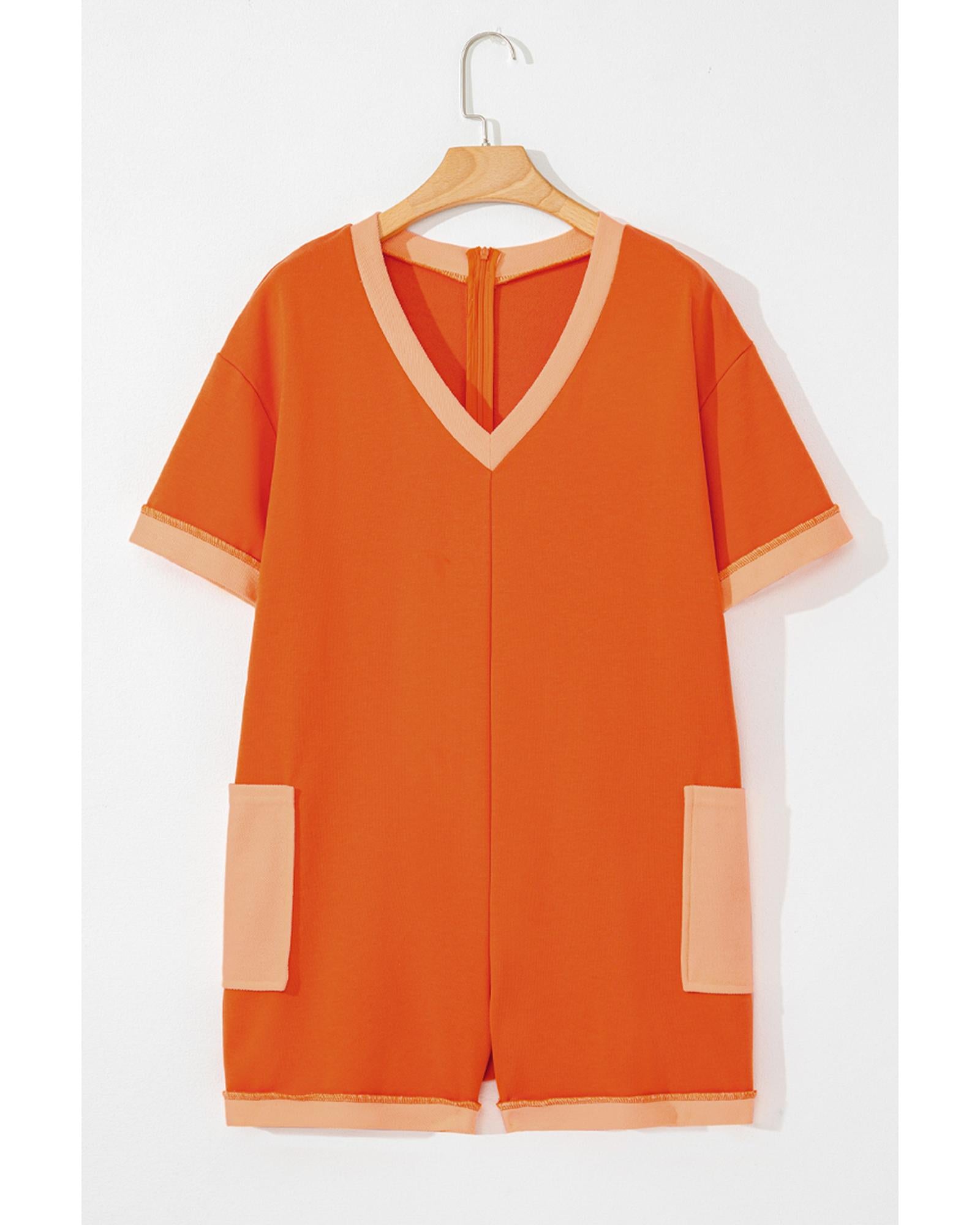 Russet Orange Two-tone Short Sleeve V Neck Patched Pocket Loose Romper - S
