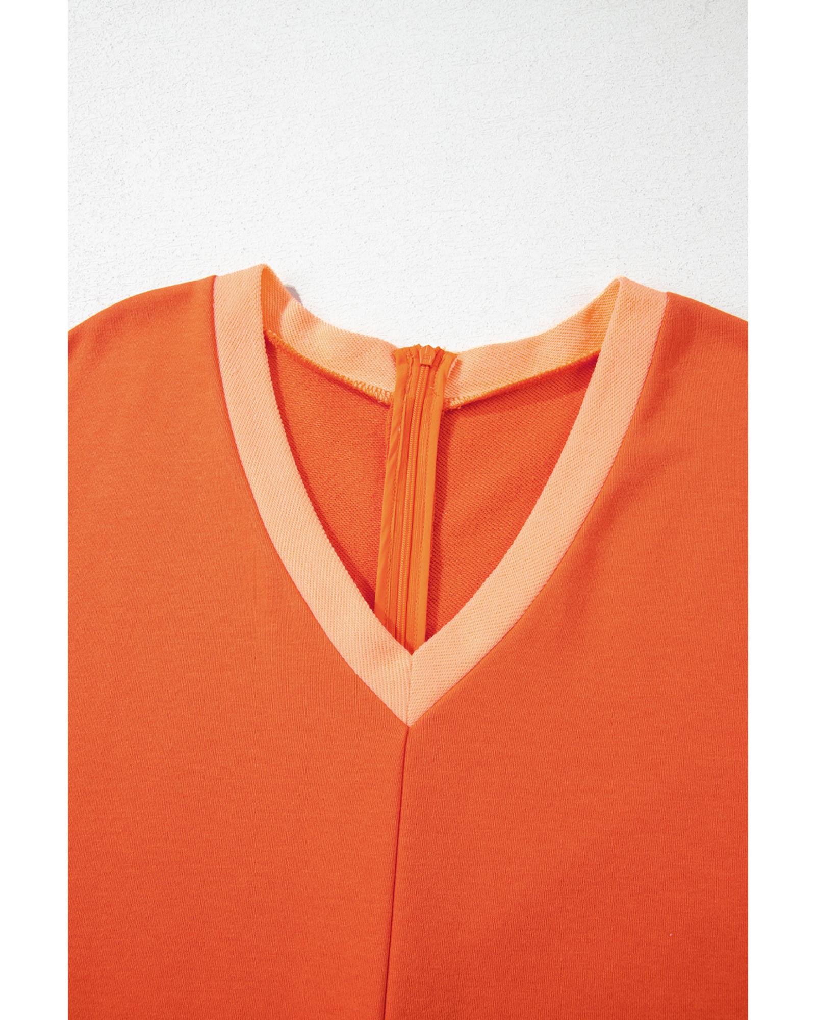 Russet Orange Two-tone Short Sleeve V Neck Patched Pocket Loose Romper - S