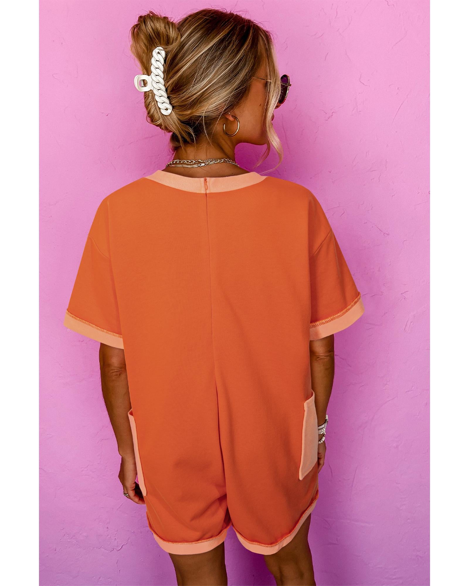 Russet Orange Two-tone Short Sleeve V Neck Patched Pocket Loose Romper - XL