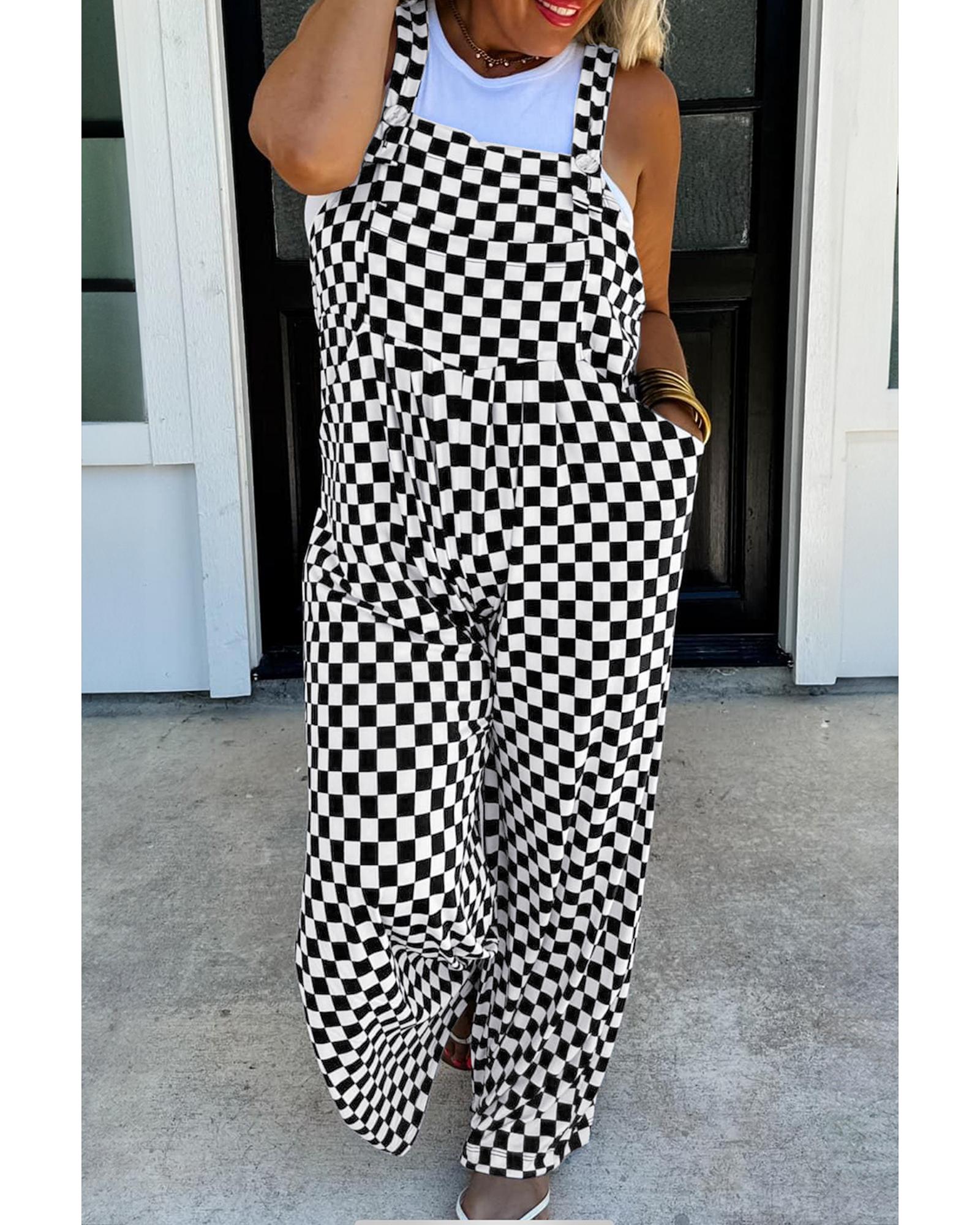 Black Checkered Print Pocketed Wide Leg Jumpsuit - M