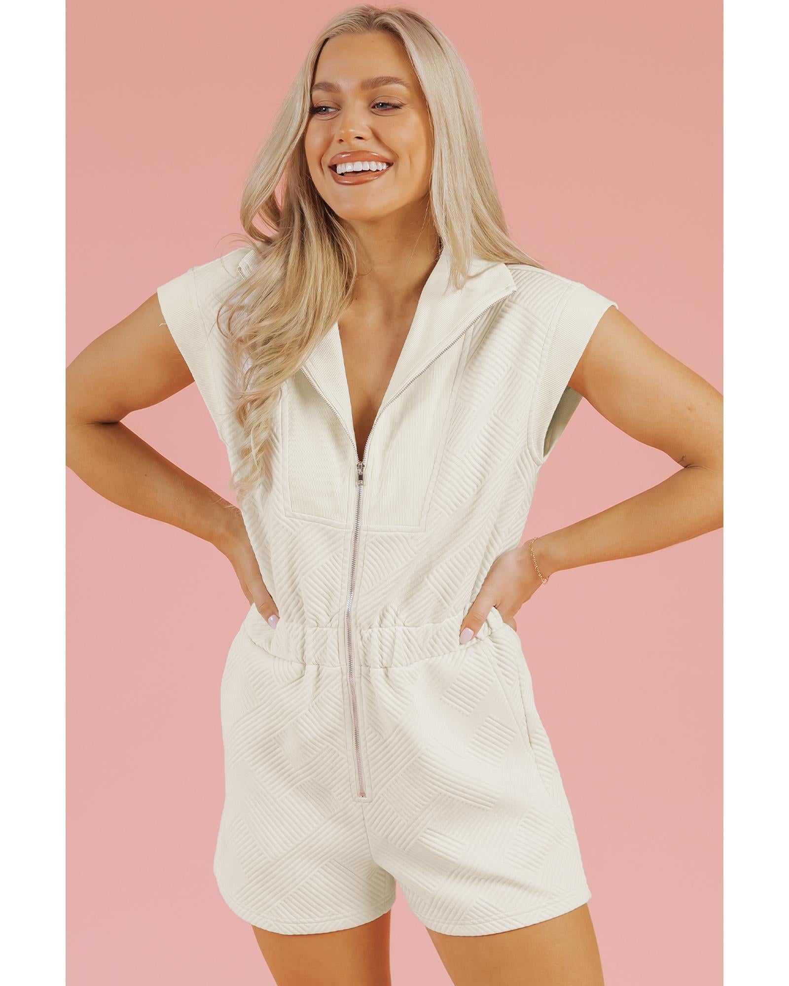 Jet Stream Textured Zipped Front V Neck Collared Casual Romper - L