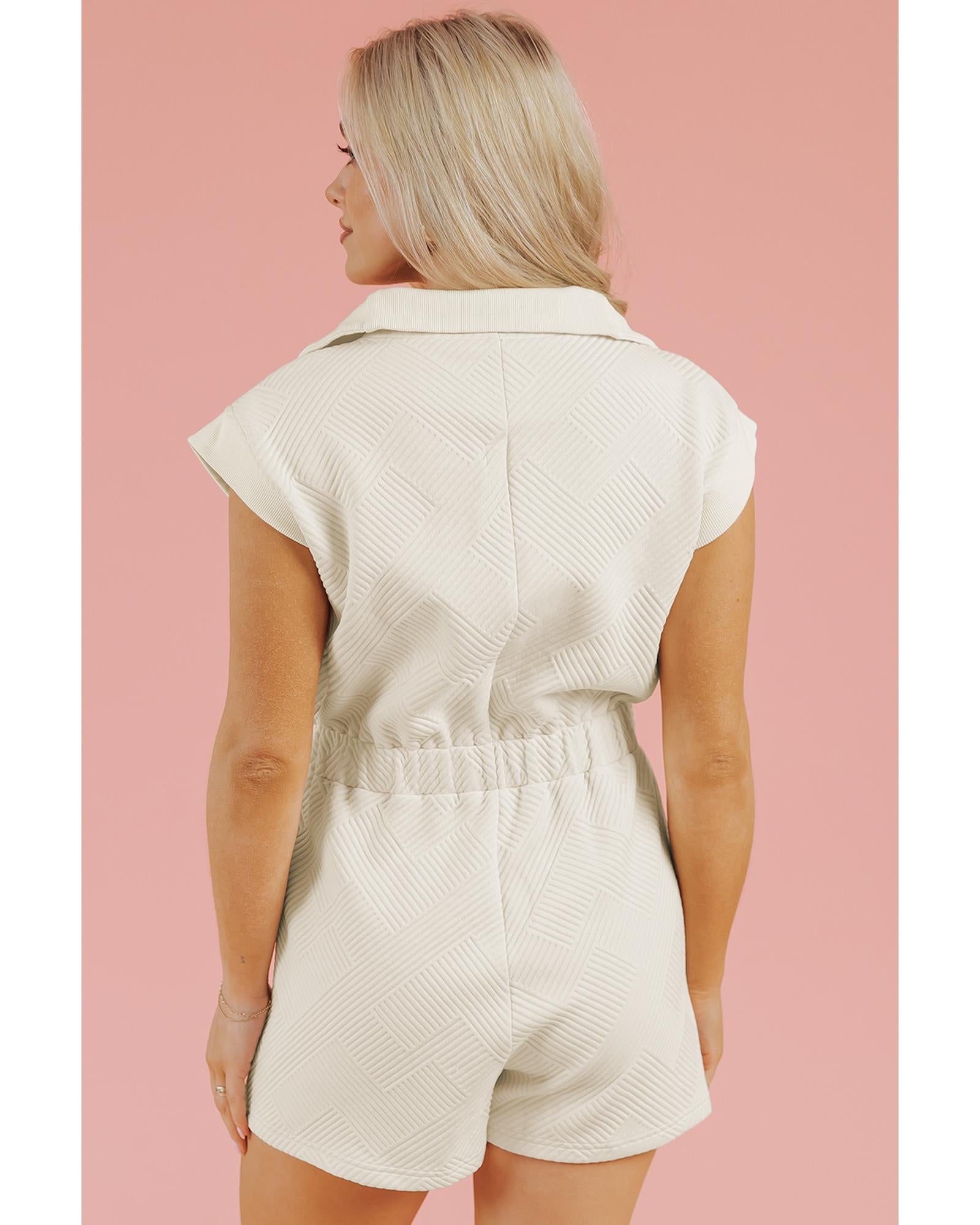 Jet Stream Textured Zipped Front V Neck Collared Casual Romper - L