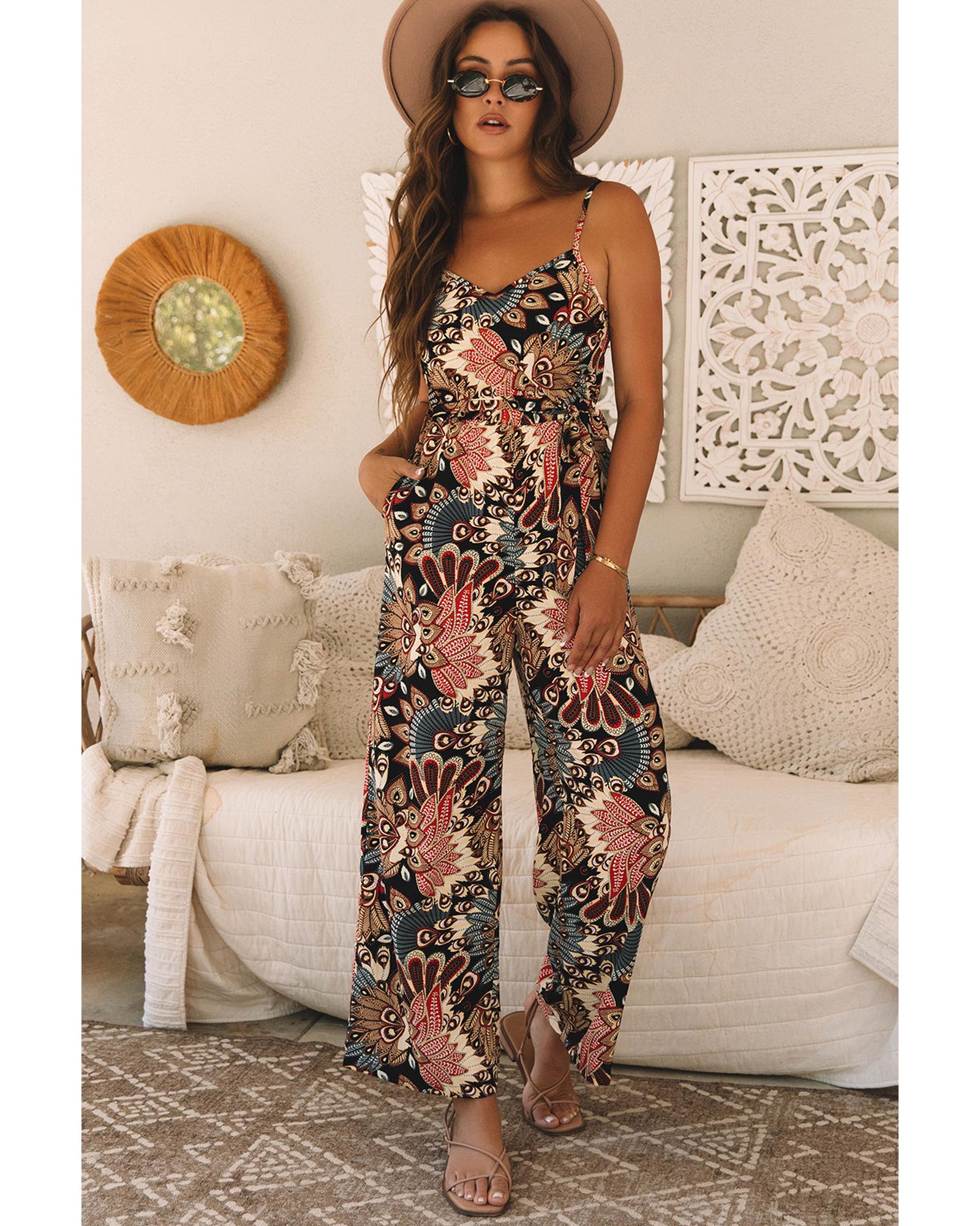 Black Floral Print Belted Sleeveless Wide Leg Jumpsuit - L
