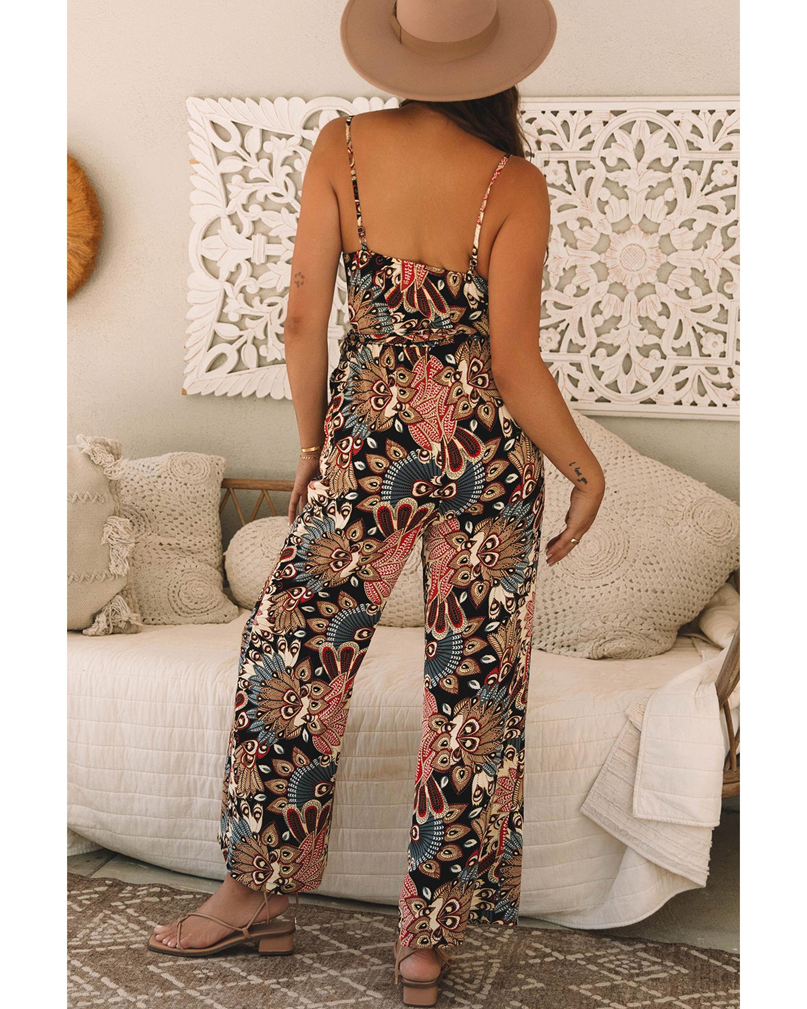 Black Floral Print Belted Sleeveless Wide Leg Jumpsuit - L