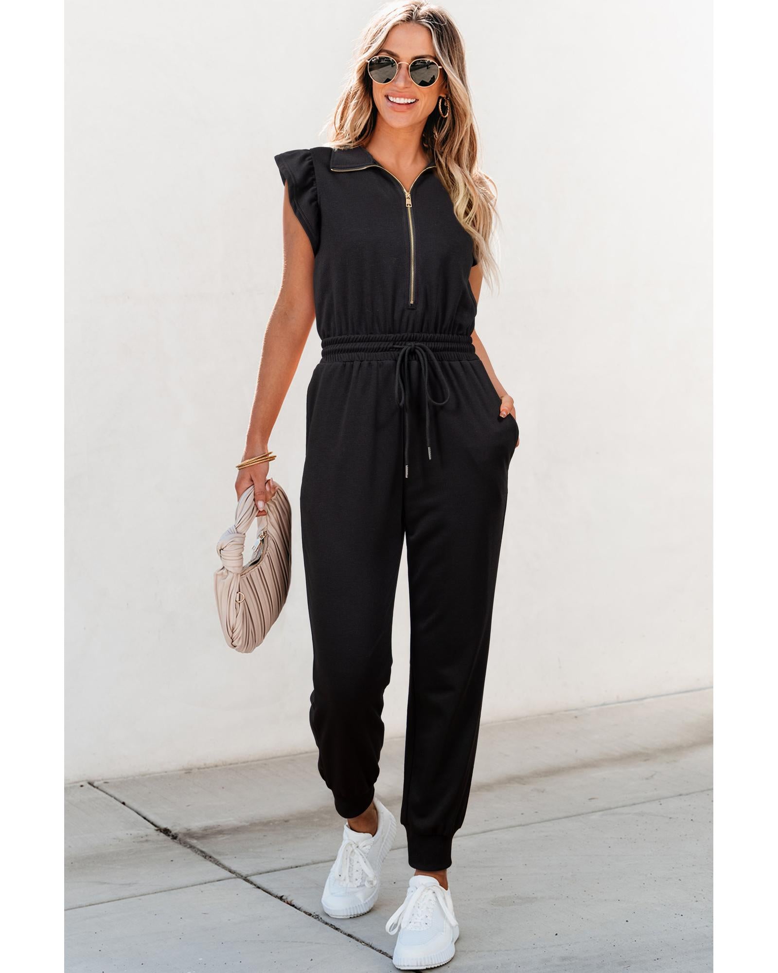 Black Zipper Flutter Sleeve Drawstring High Waist Jumpsuit - XL