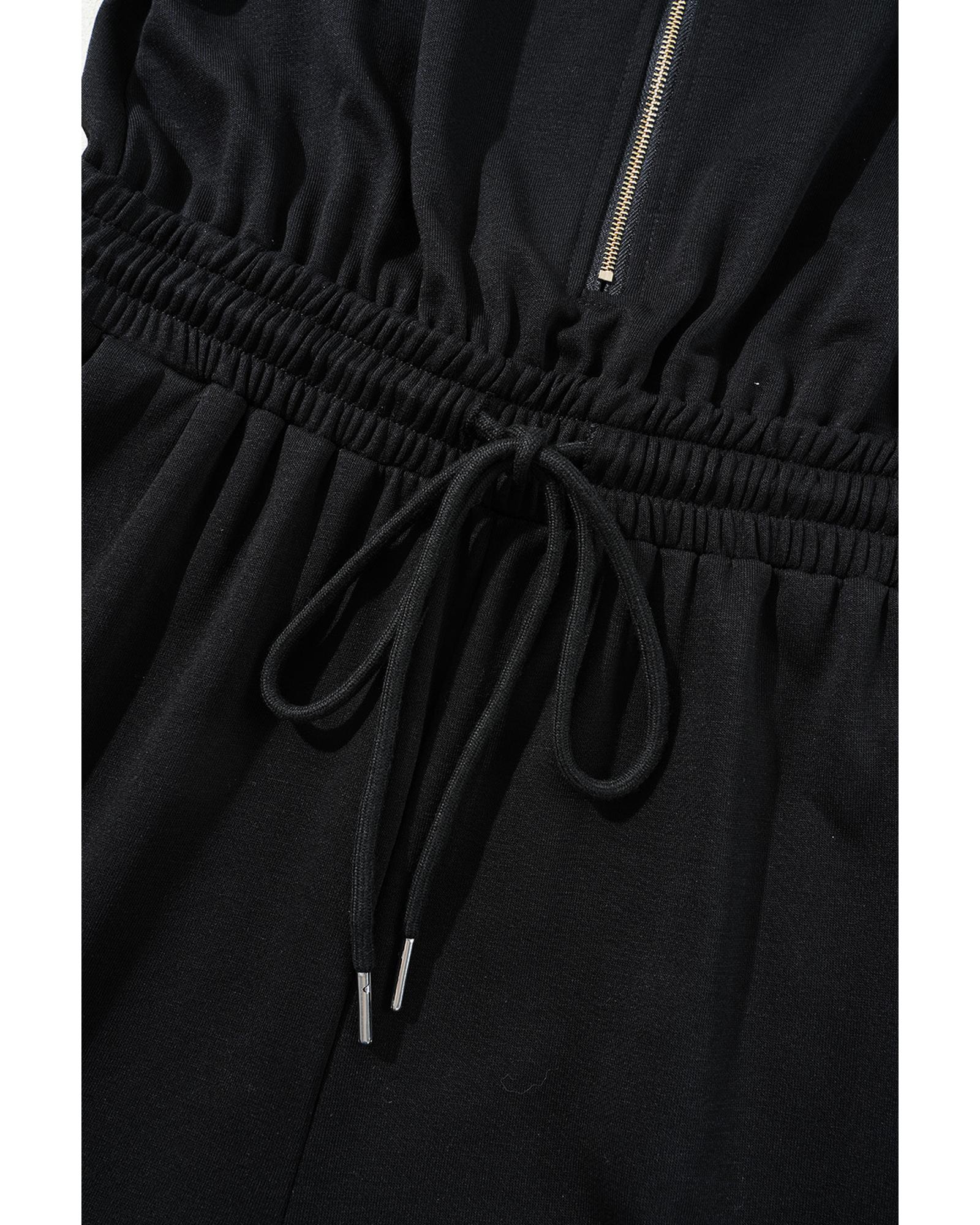 Black Zipper Flutter Sleeve Drawstring High Waist Jumpsuit - XL
