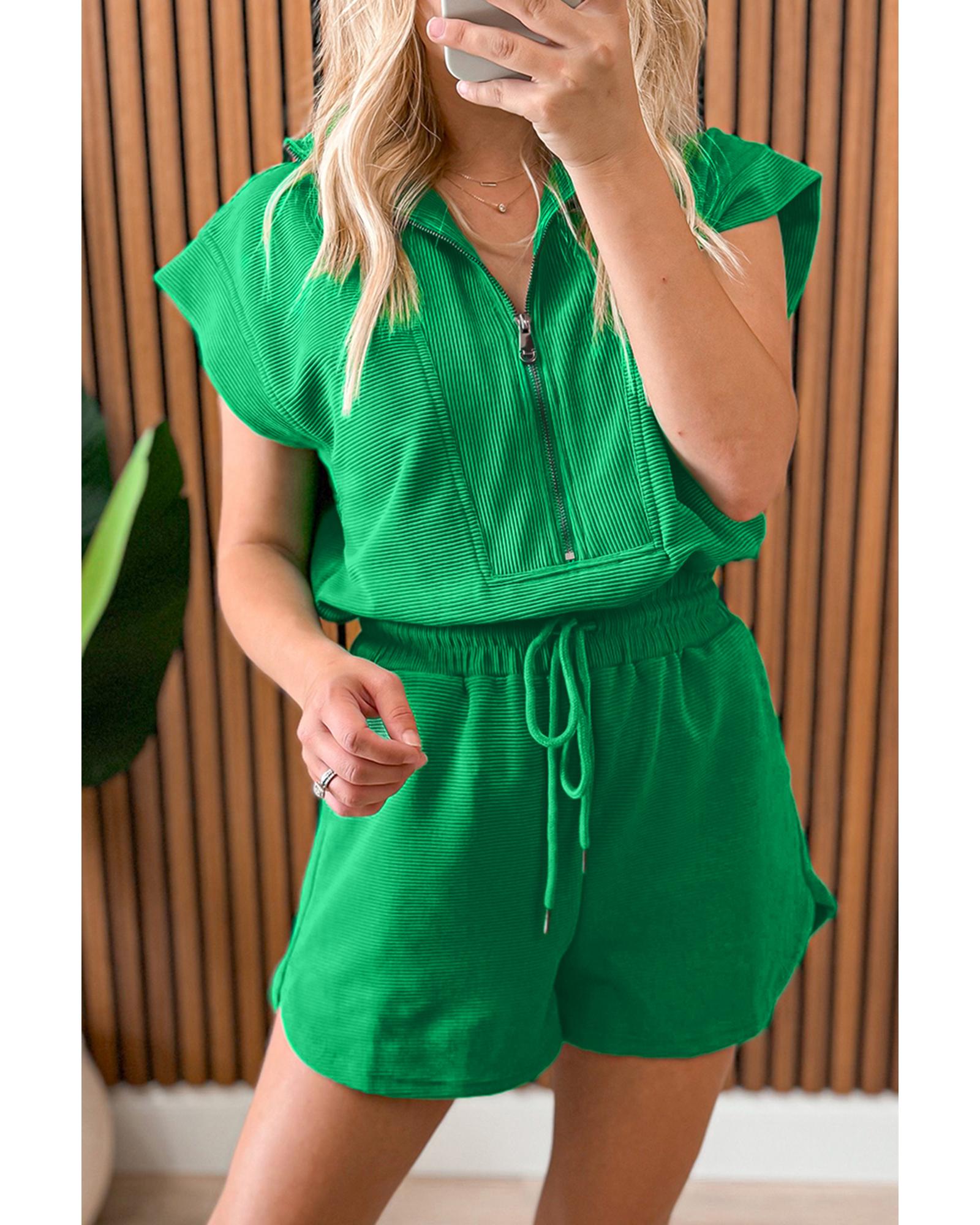 Bright Green Textured Short Sleeve Half Zip Drawstring Waist Romper - XL