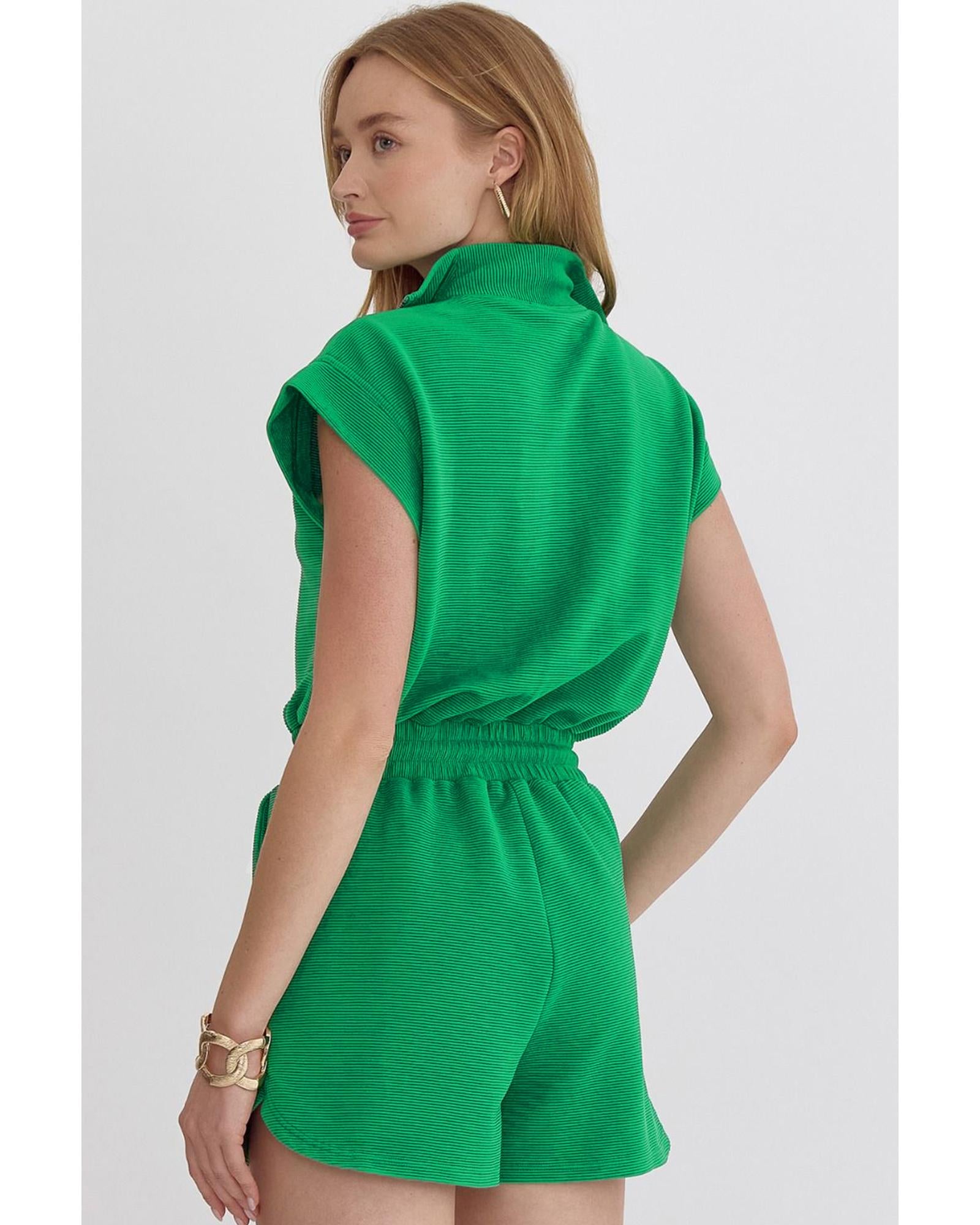 Bright Green Textured Short Sleeve Half Zip Drawstring Waist Romper - XL