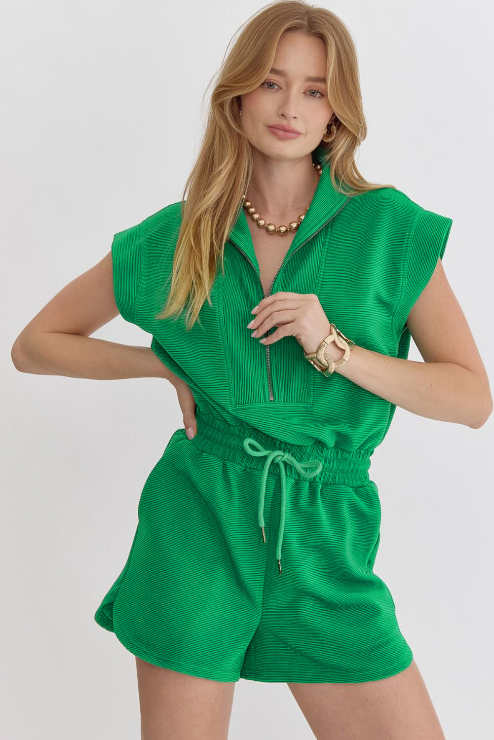 Bright Green Textured Short Sleeve Half Zip Drawstring Waist Romper - XL