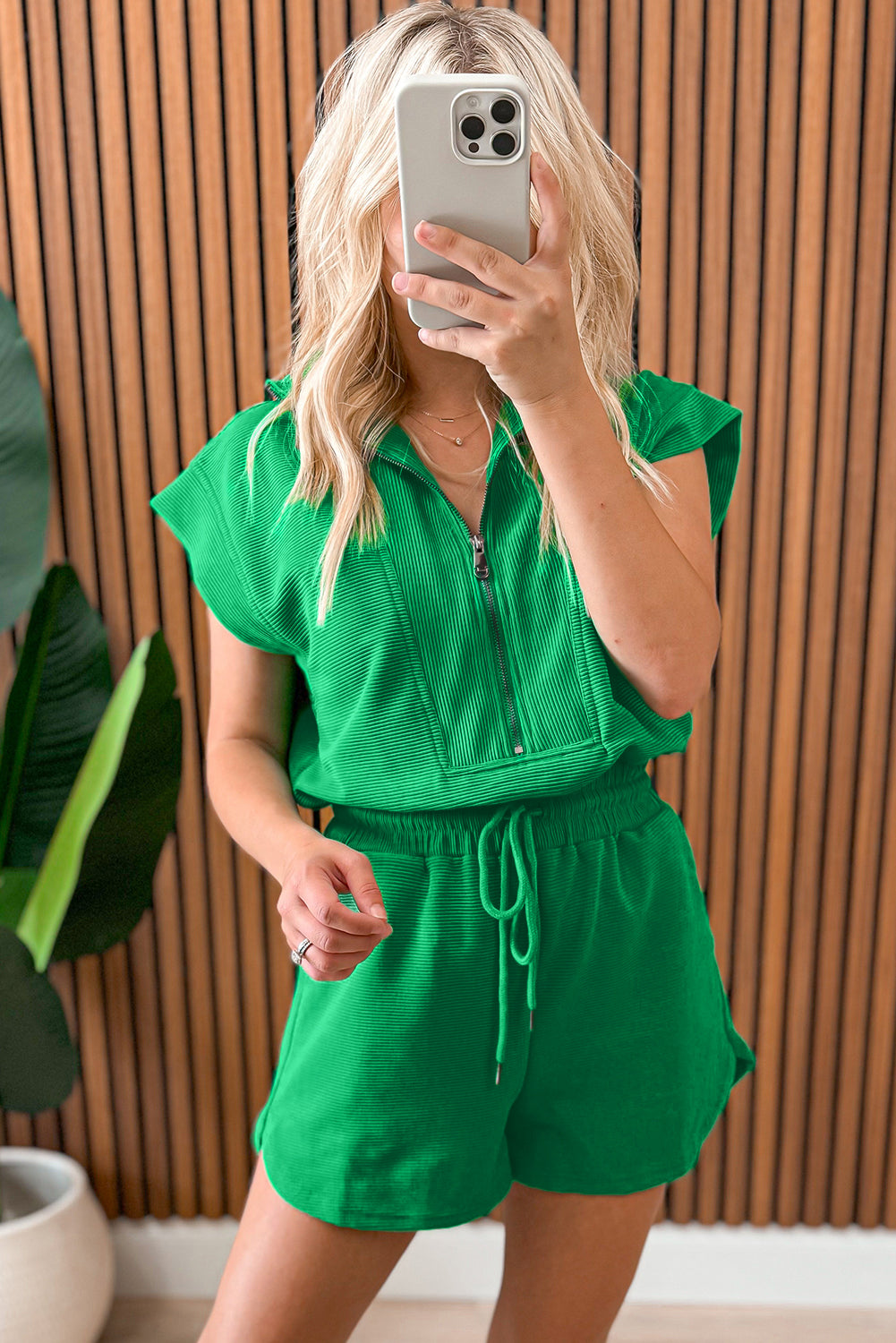 Bright Green Textured Short Sleeve Half Zip Drawstring Waist Romper - XL