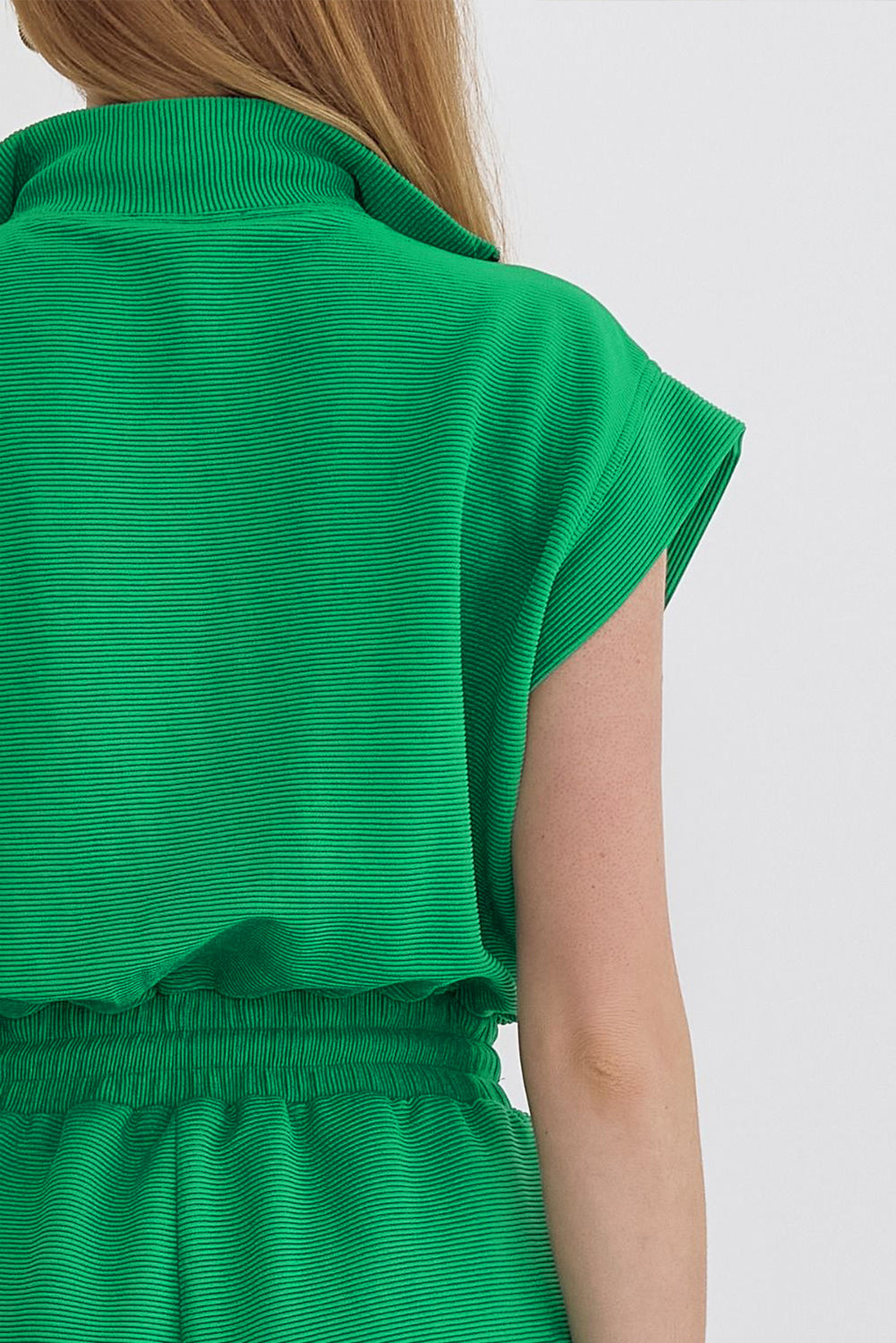 Bright Green Textured Short Sleeve Half Zip Drawstring Waist Romper - XL