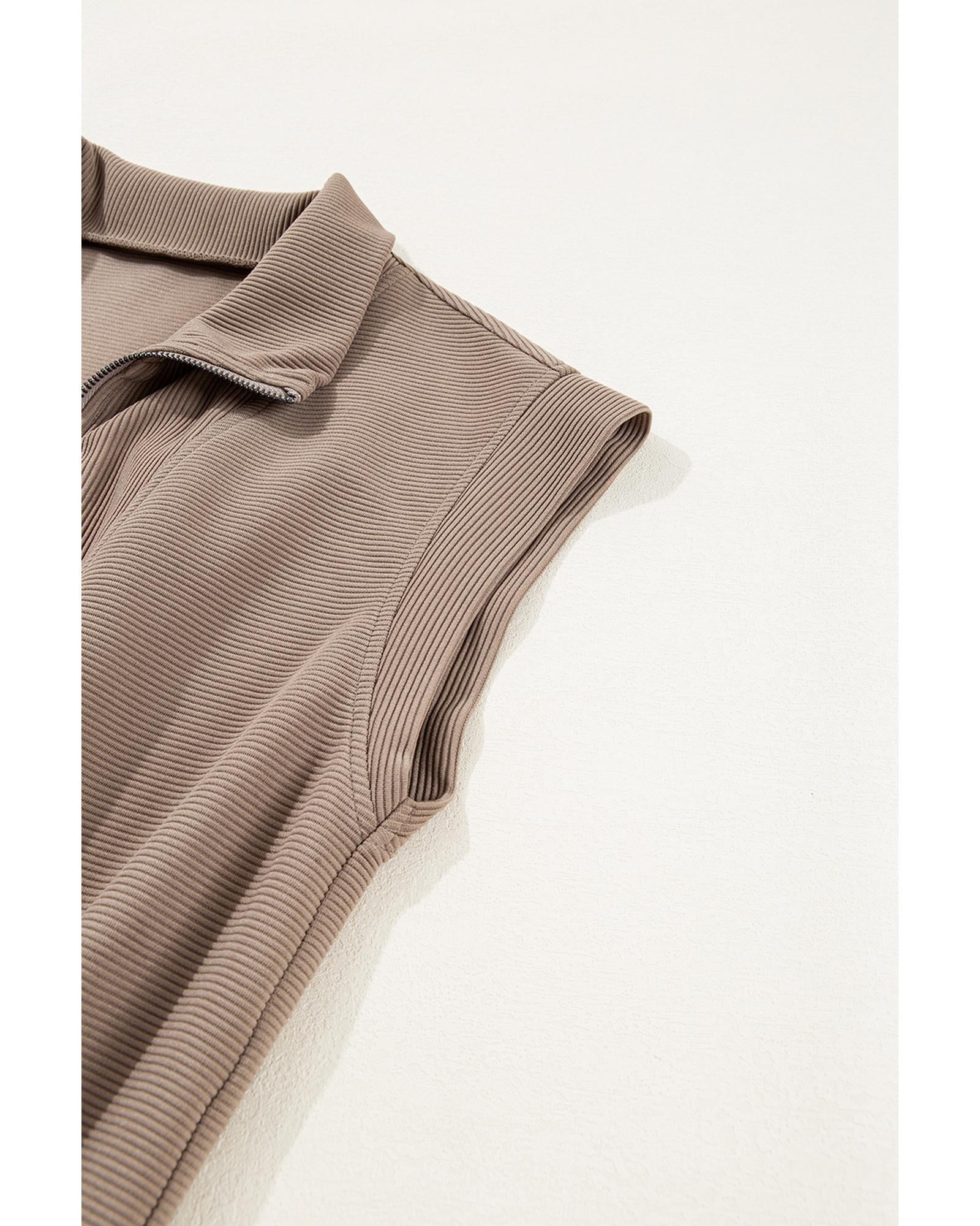 Dark Khaki Textured Short Sleeve Half Zip Drawstring Waist Romper - XL