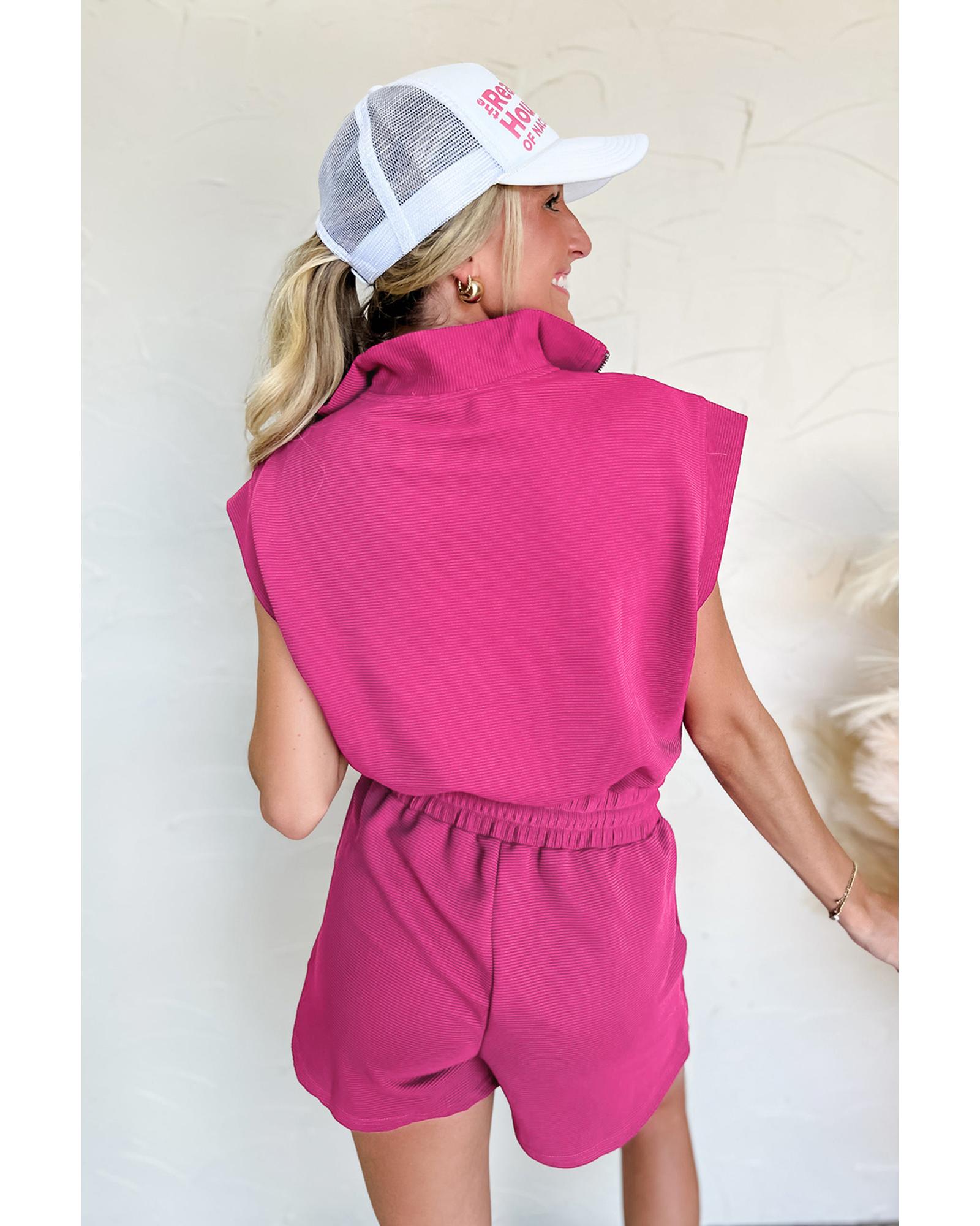 Rose Red Textured Short Sleeve Half Zip Drawstring Waist Romper - L