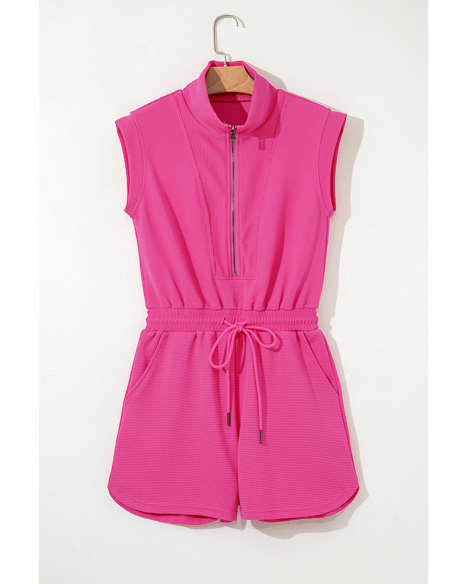 Rose Red Textured Short Sleeve Half Zip Drawstring Waist Romper - L