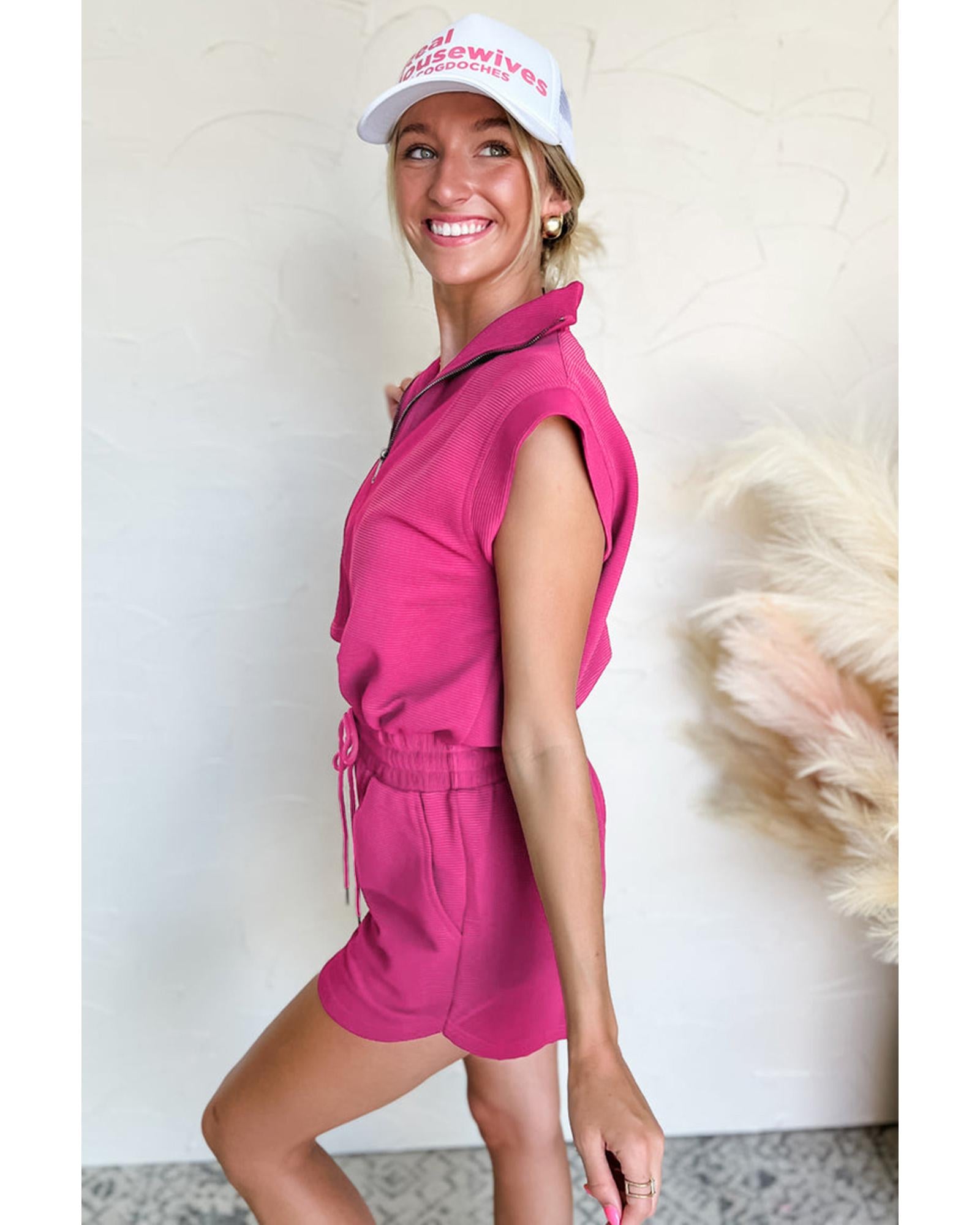 Rose Red Textured Short Sleeve Half Zip Drawstring Waist Romper - XL