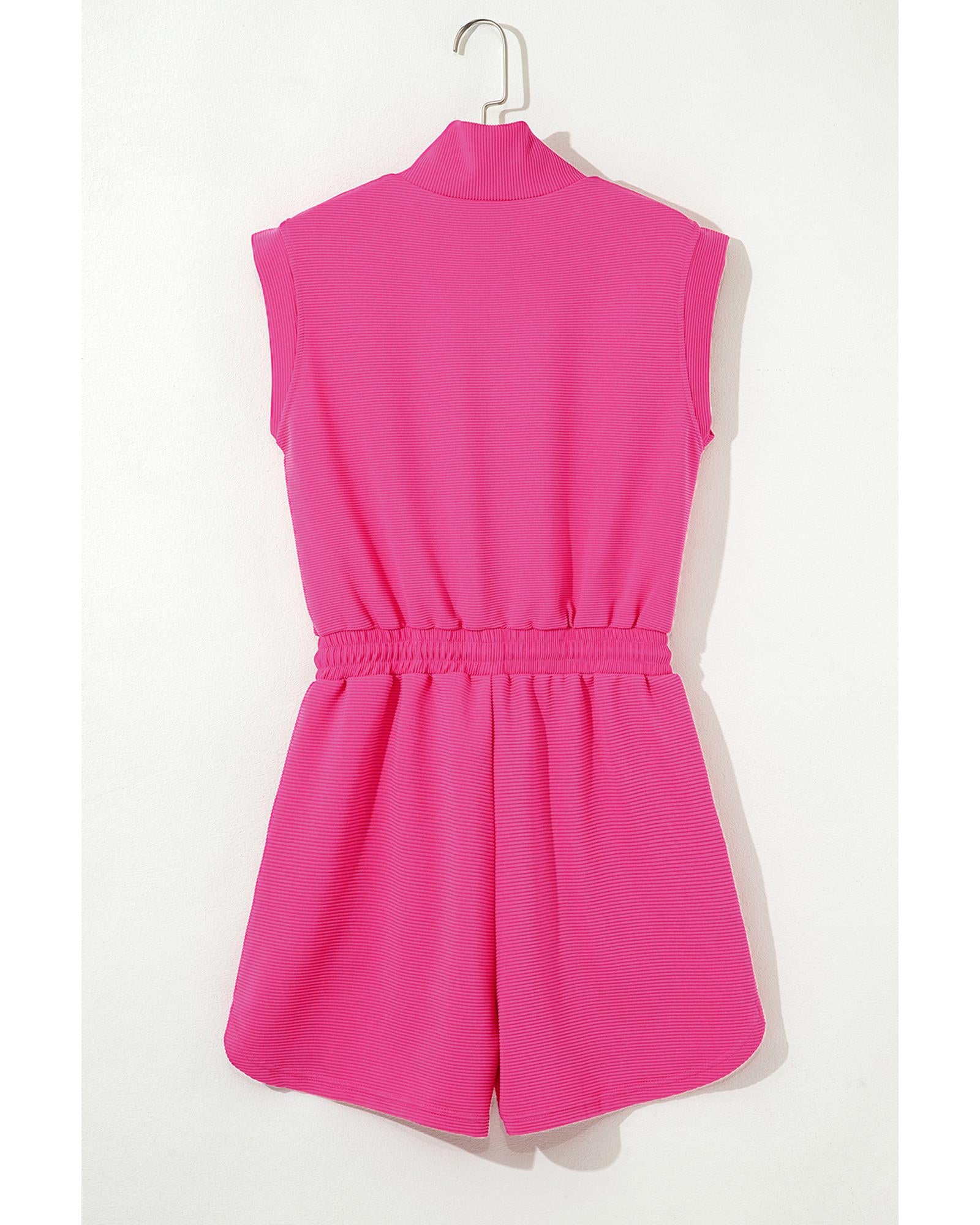 Rose Red Textured Short Sleeve Half Zip Drawstring Waist Romper - XL