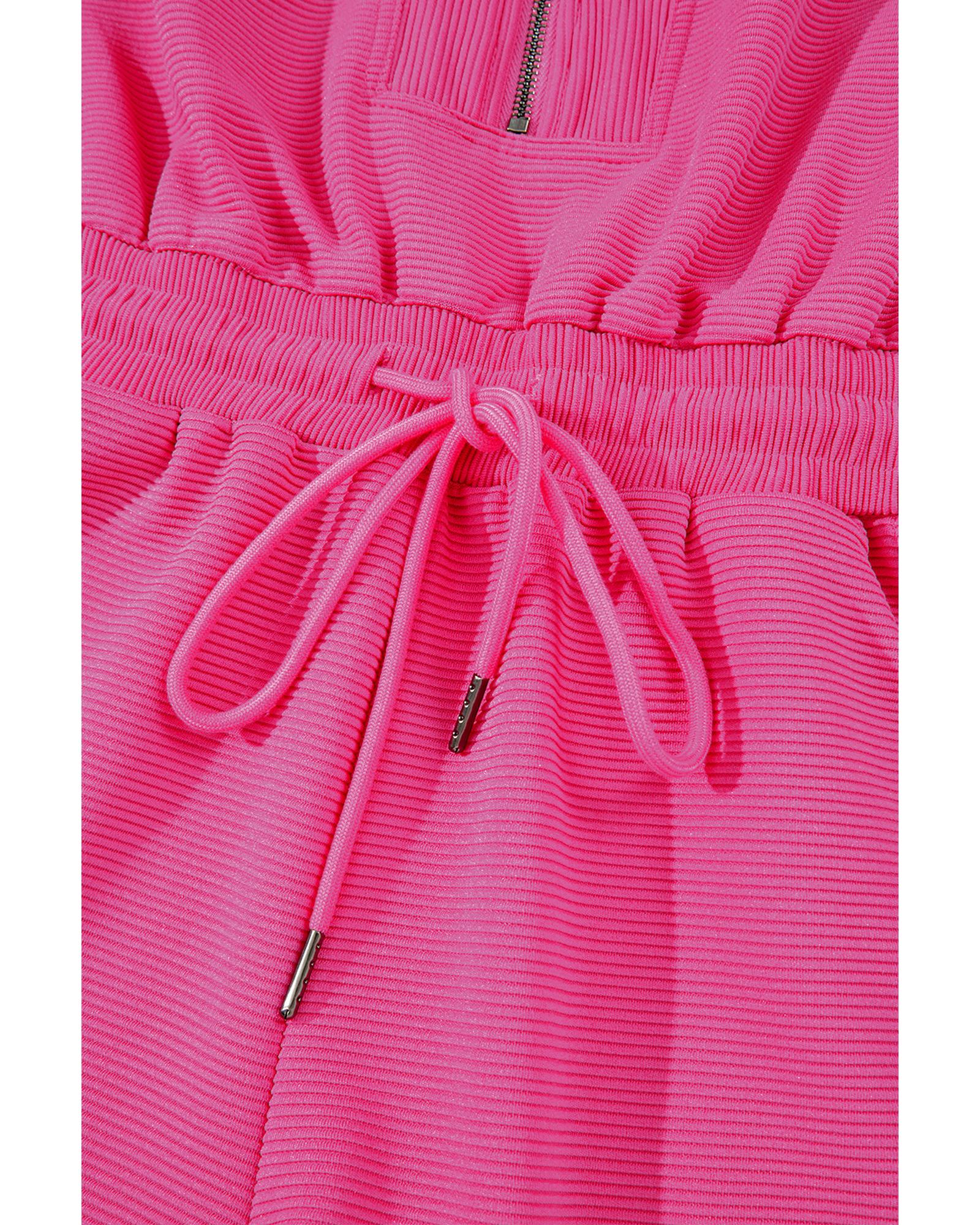 Rose Red Textured Short Sleeve Half Zip Drawstring Waist Romper - XL