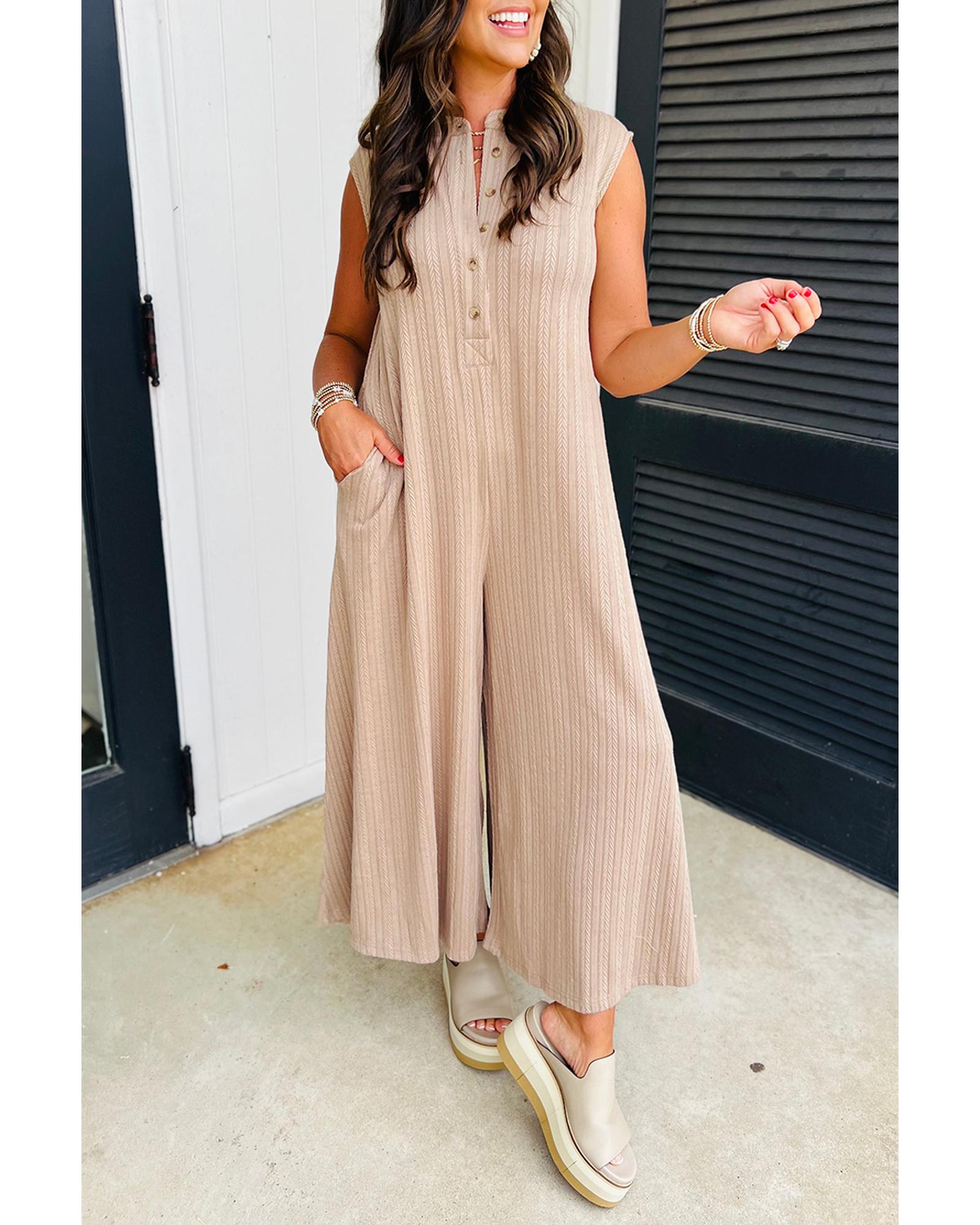Smoke Gray Textured Buttoned Wide Leg Sleeveless Jumpsuit - L