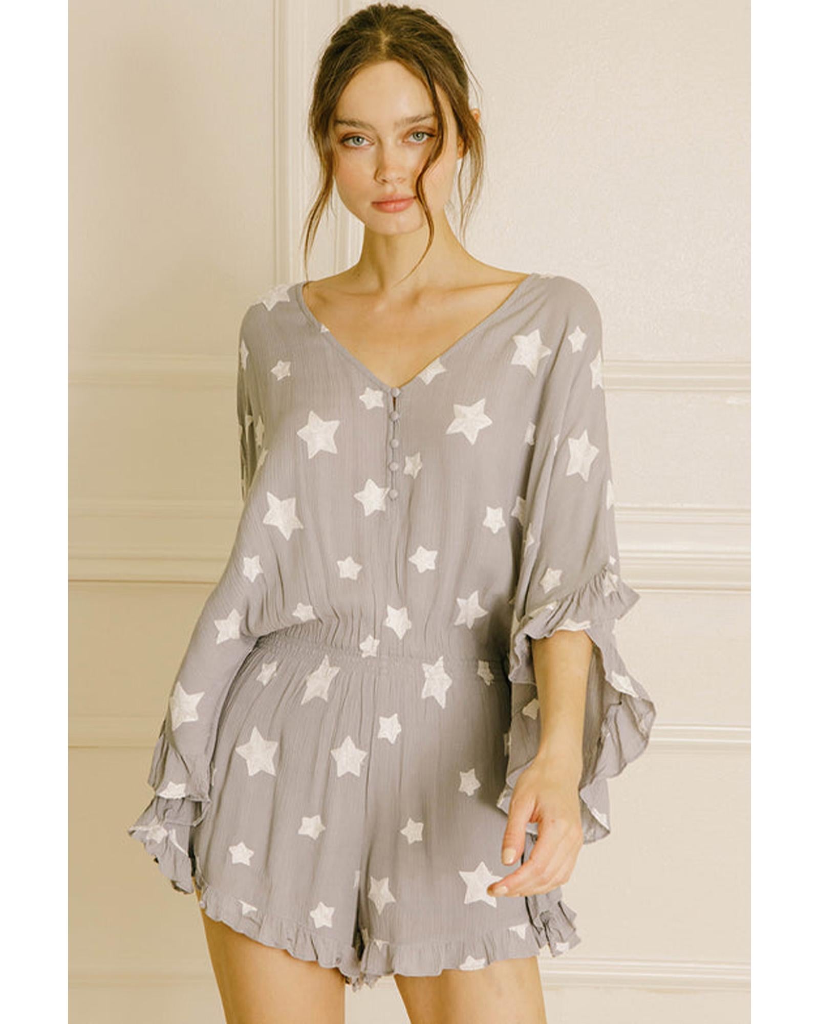 Gray Star Print Crinkle Textured Kimono Ruffle Sleeve Romper - L