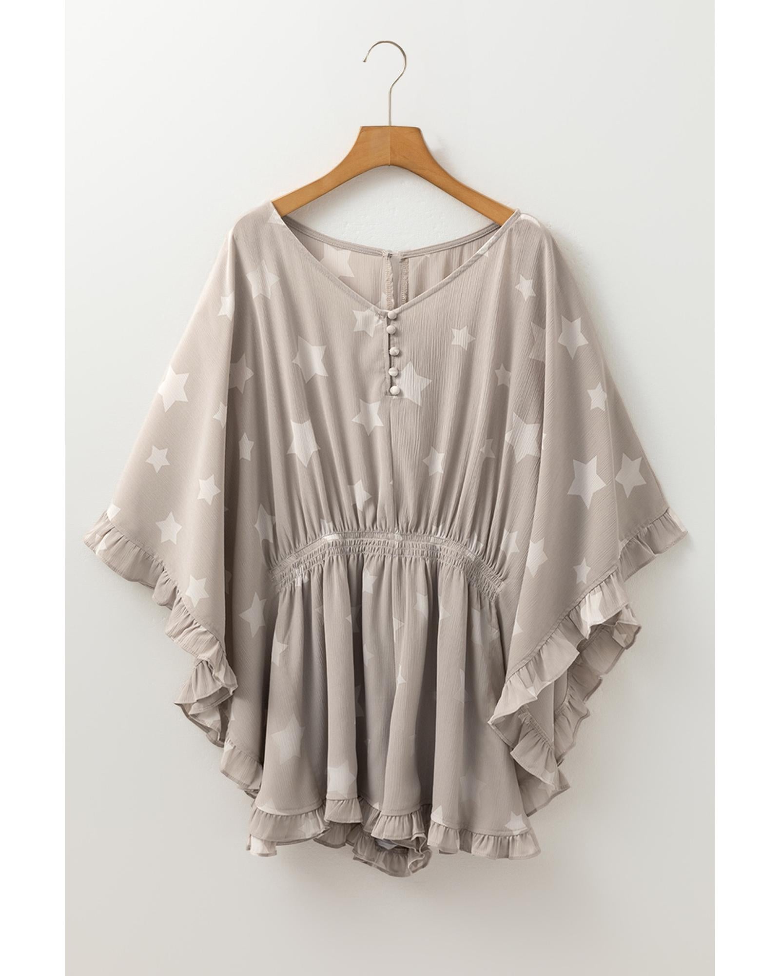 Gray Star Print Crinkle Textured Kimono Ruffle Sleeve Romper - L