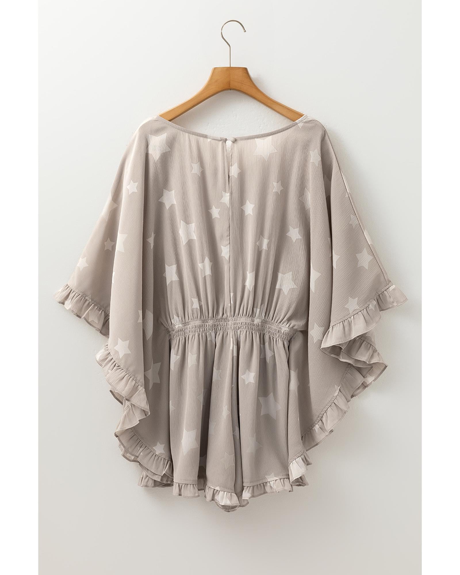 Gray Star Print Crinkle Textured Kimono Ruffle Sleeve Romper - L