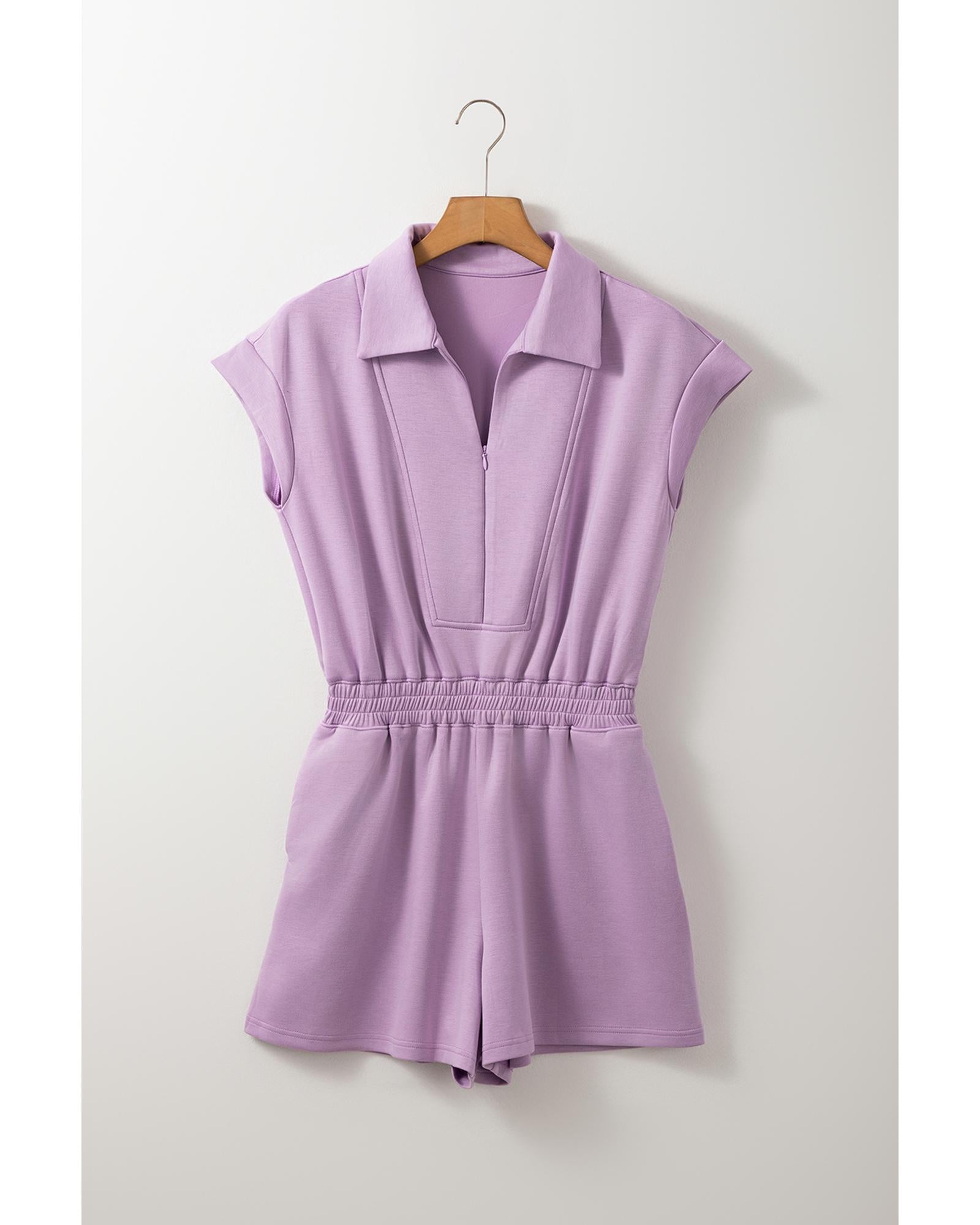 Orchid Bouquet Short Sleeve Zipper Collared Elastic High Waist Romper - L
