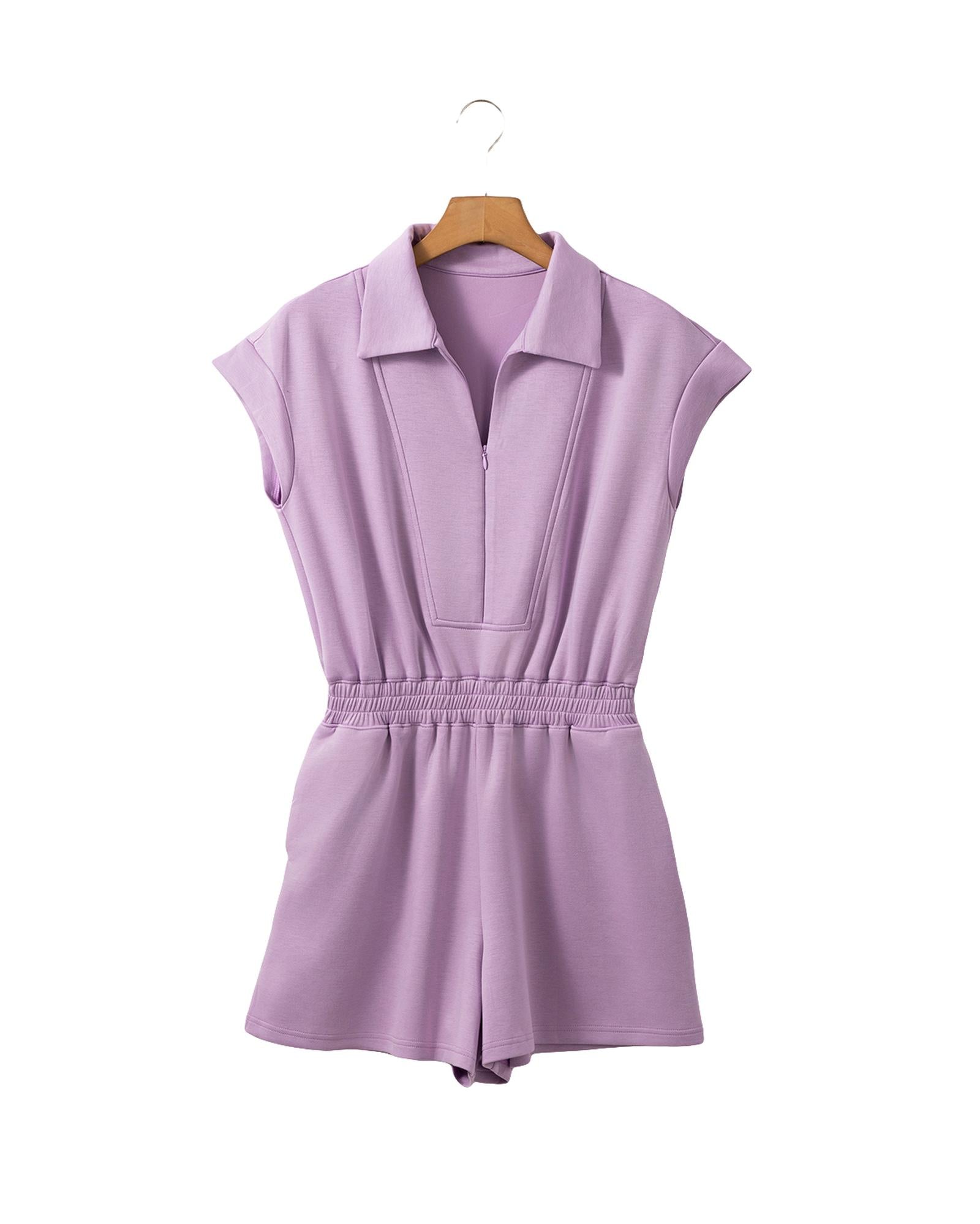 Orchid Bouquet Short Sleeve Zipper Collared Elastic High Waist Romper - S