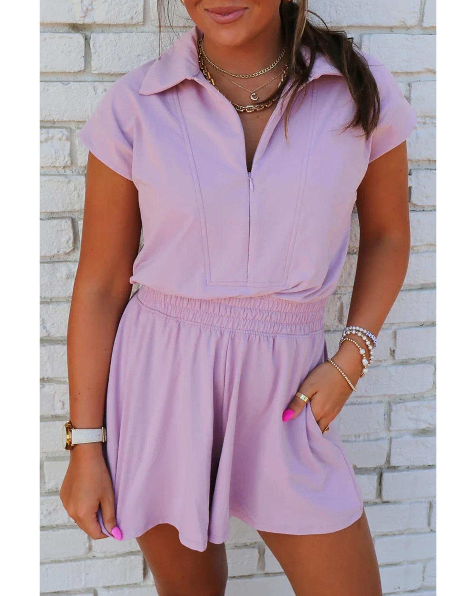 Orchid Bouquet Short Sleeve Zipper Collared Elastic High Waist Romper - S