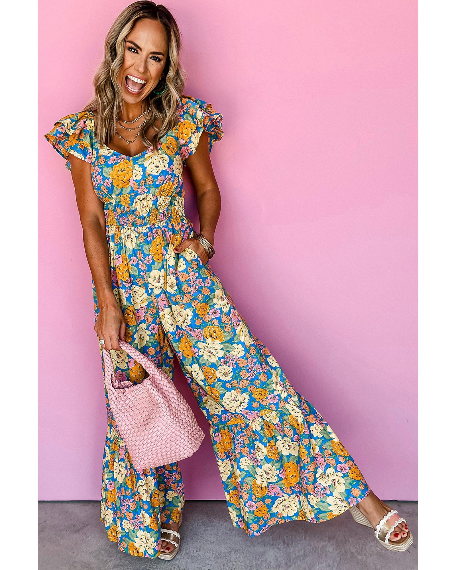 Yellow Floral Allover Print Shirred Cut Out High Waist Jumpsuit - L