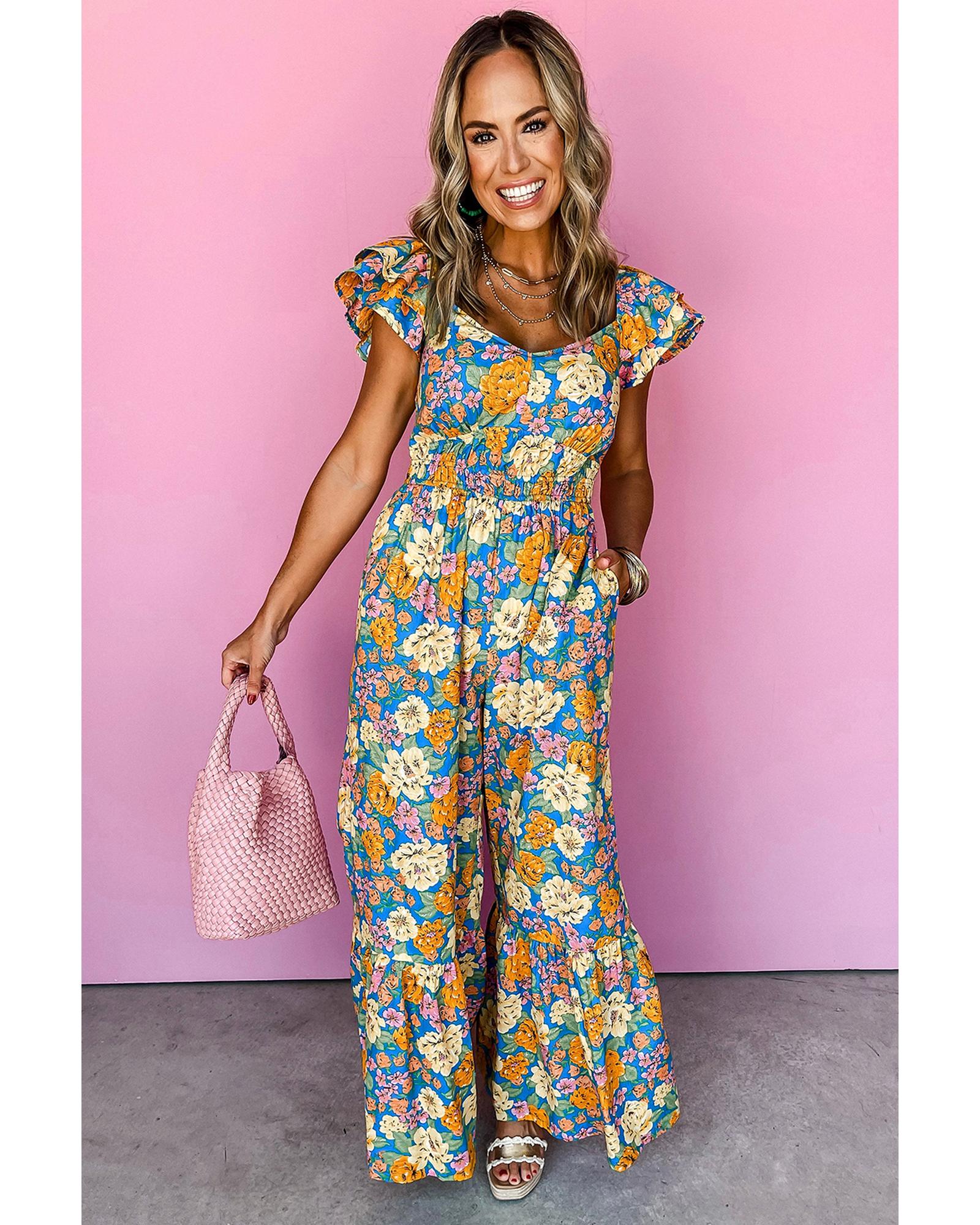 Yellow Floral Allover Print Shirred Cut Out High Waist Jumpsuit - XL