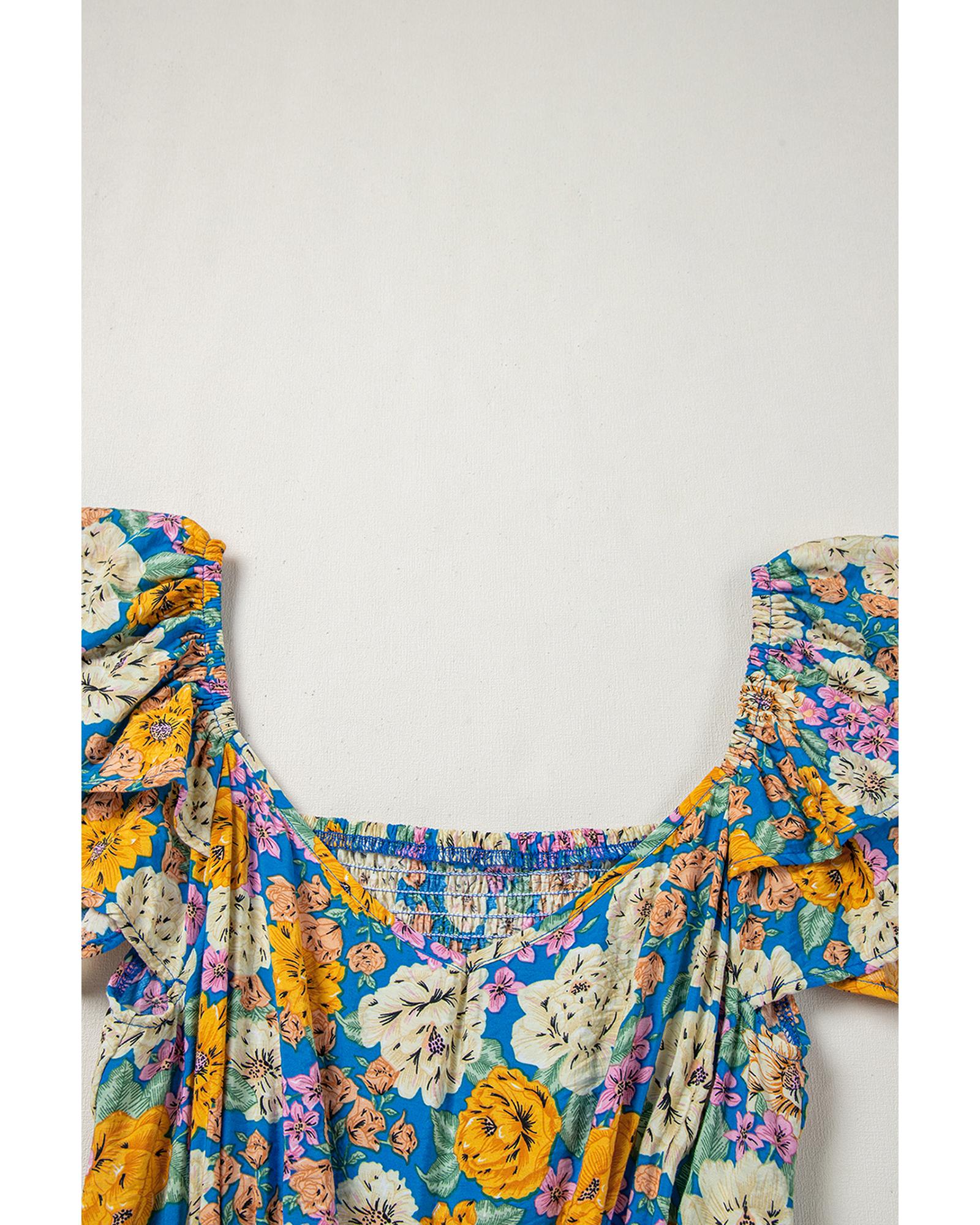 Yellow Floral Allover Print Shirred Cut Out High Waist Jumpsuit - XL