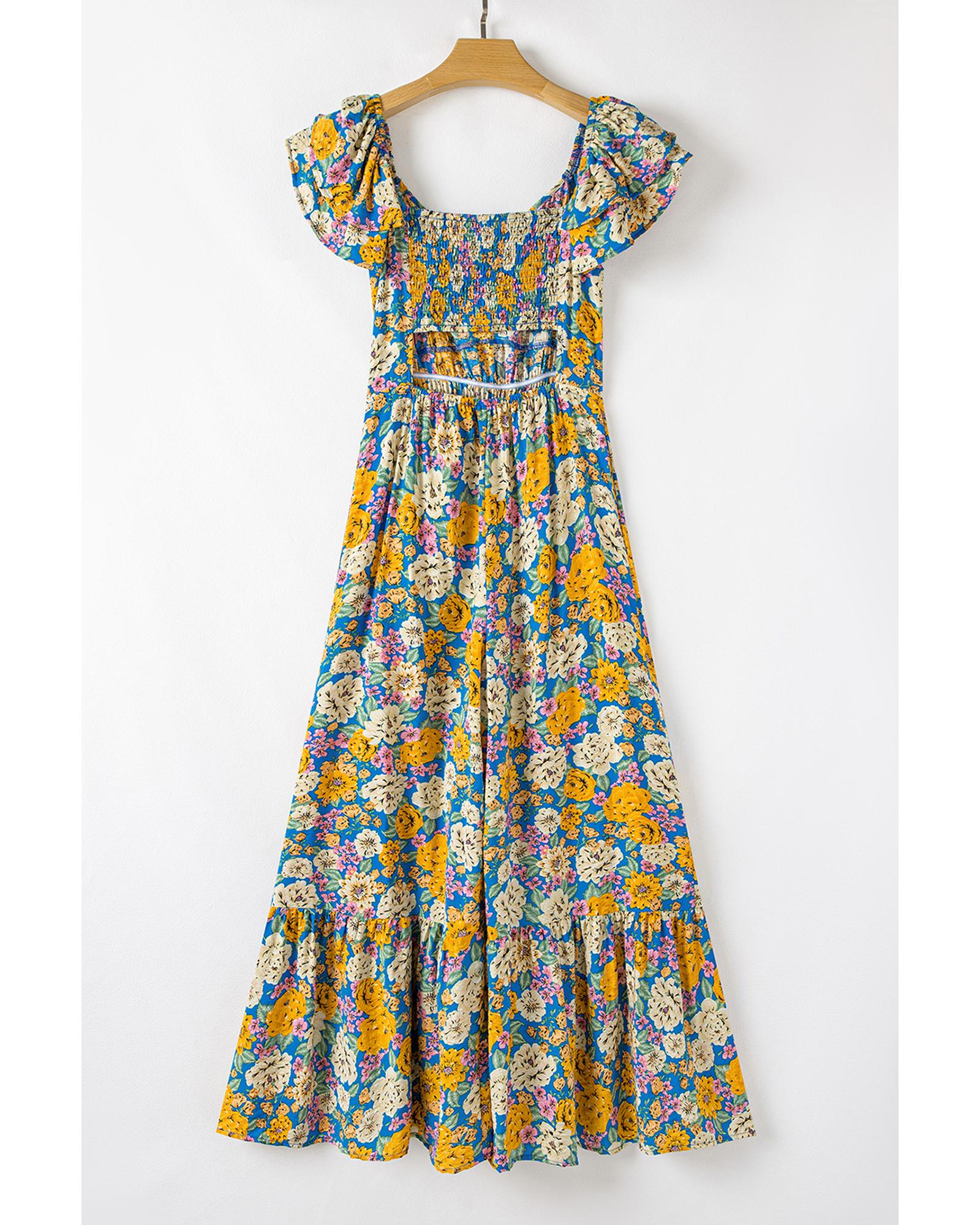Yellow Floral Allover Print Shirred Cut Out High Waist Jumpsuit - XL