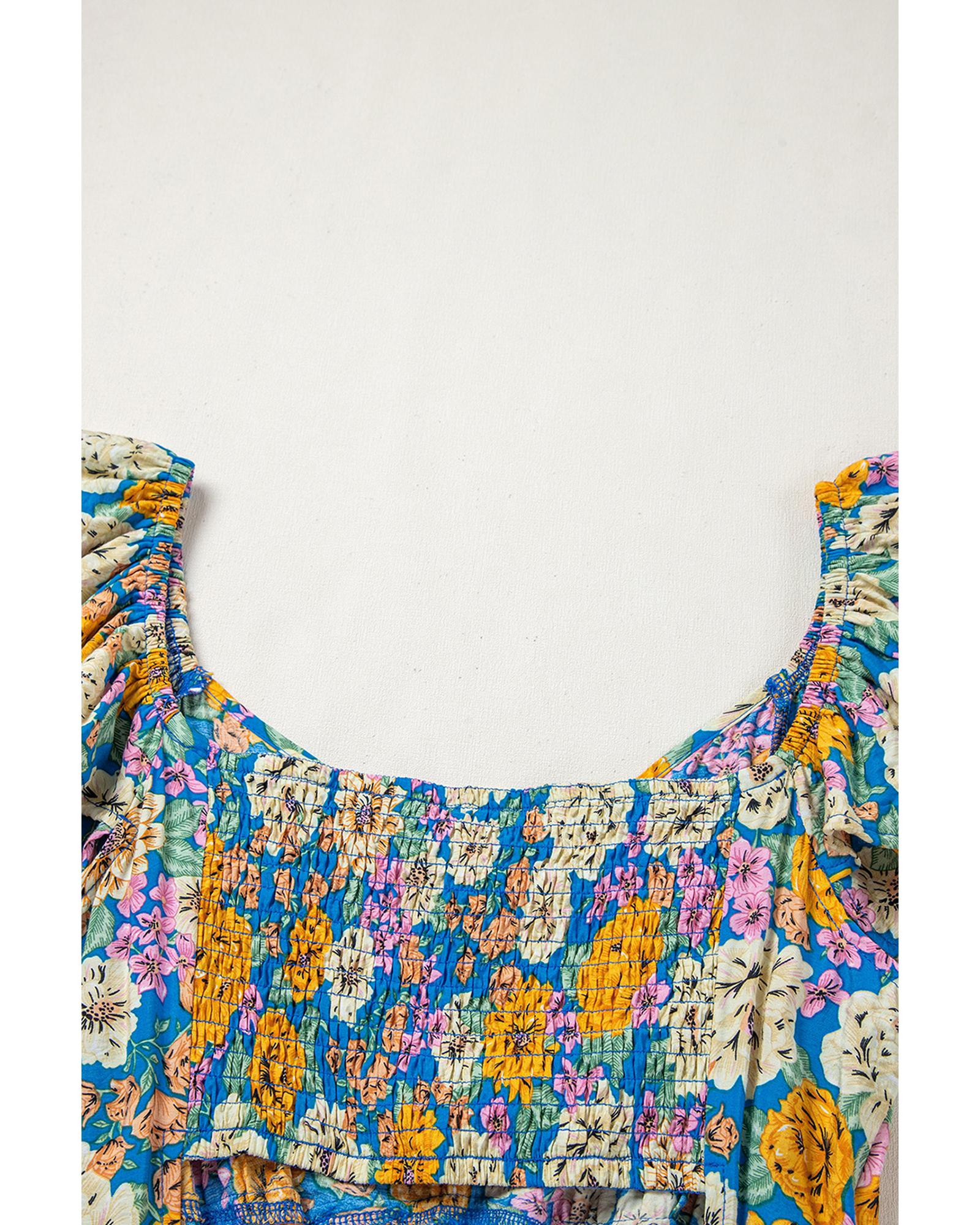 Yellow Floral Allover Print Shirred Cut Out High Waist Jumpsuit - XL