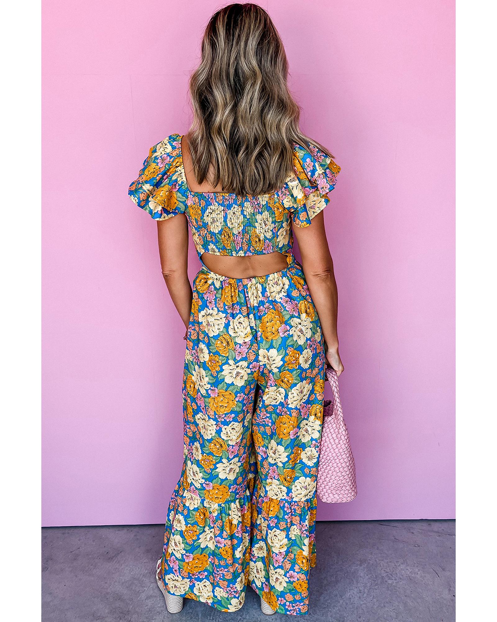 Yellow Floral Allover Print Shirred Cut Out High Waist Jumpsuit - XL
